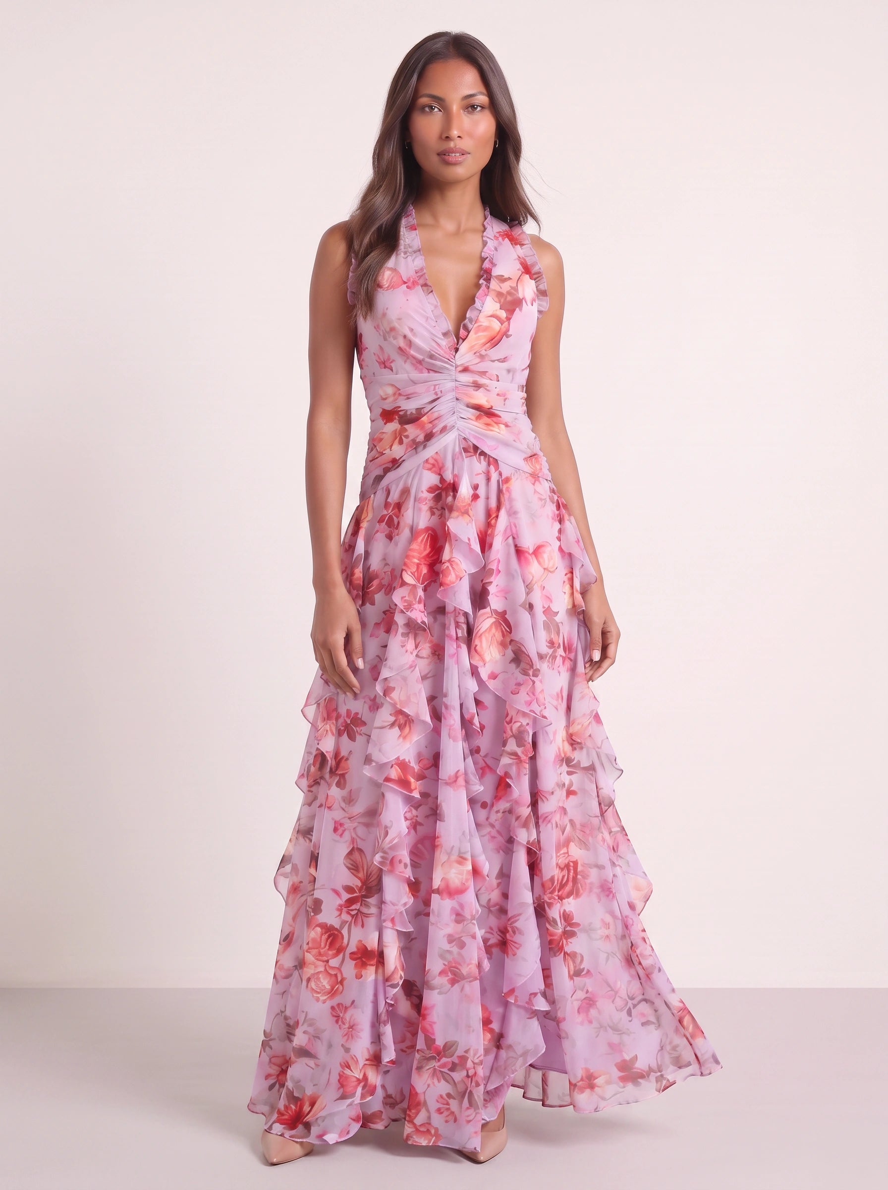Fiorento Halter Ruched Tiered Maxi Dress – Floral Women Summer Wedding Guest Formal Evening Party Maxi Dress