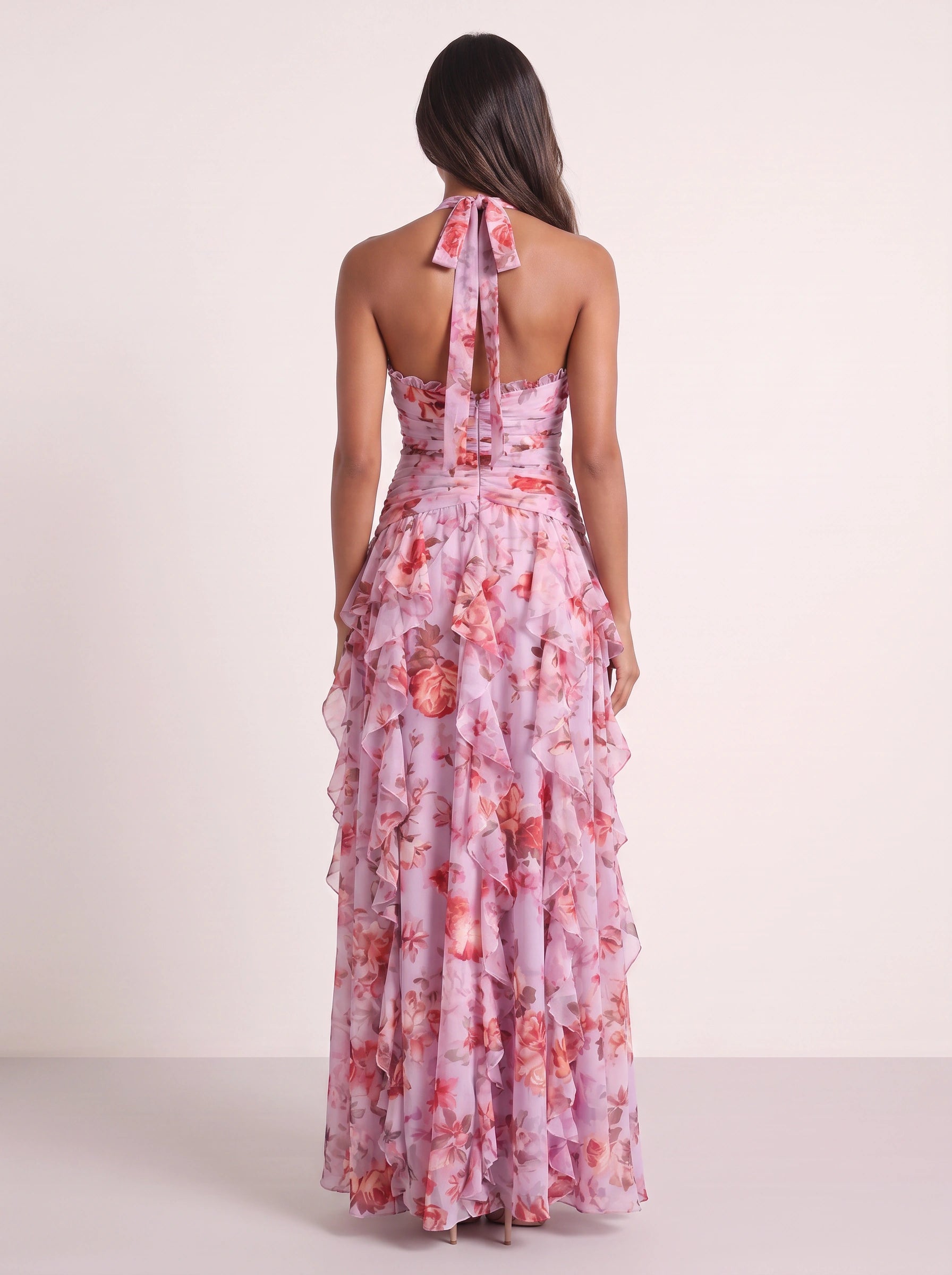 Fiorento Halter Ruched Tiered Maxi Dress – Floral Women Summer Wedding Guest Formal Evening Party Maxi Dress