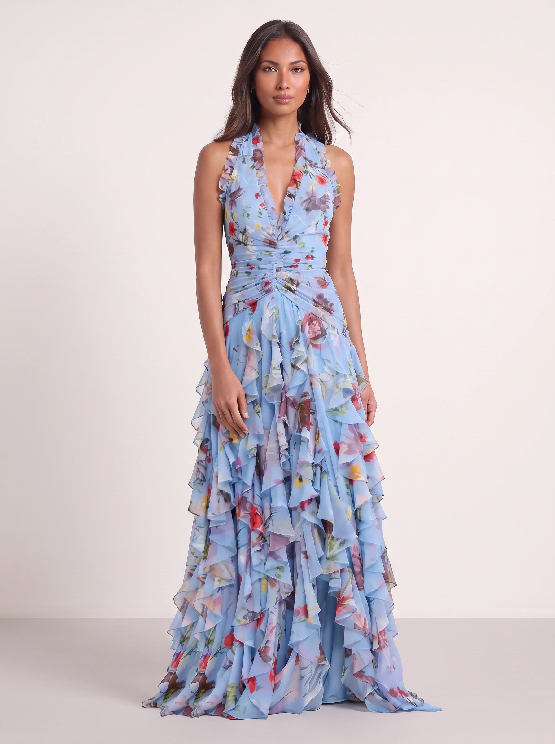 Fiorento Halter Ruched Tiered Maxi Dress – Floral Women Summer Wedding Guest Formal Evening Party Maxi Dress