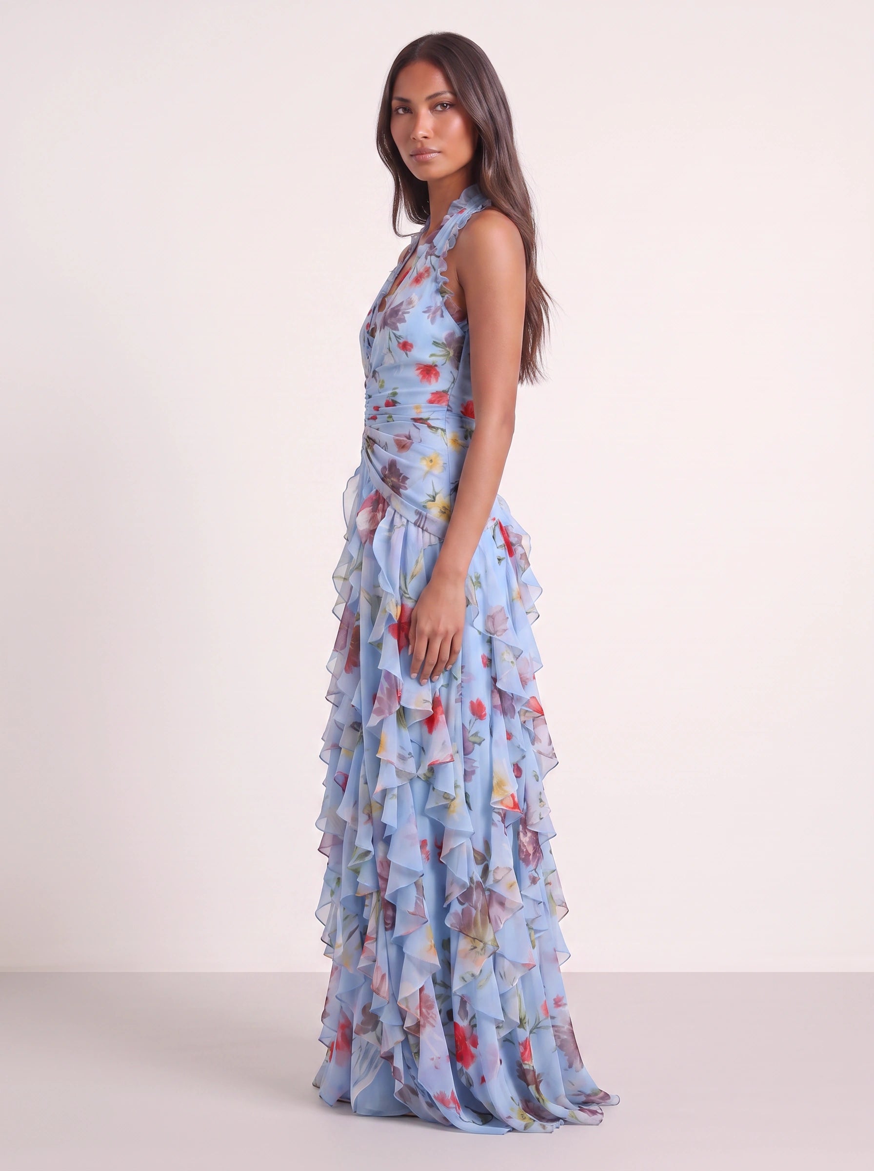 Fiorento Halter Ruched Tiered Maxi Dress – Floral Women Summer Wedding Guest Formal Evening Party Maxi Dress