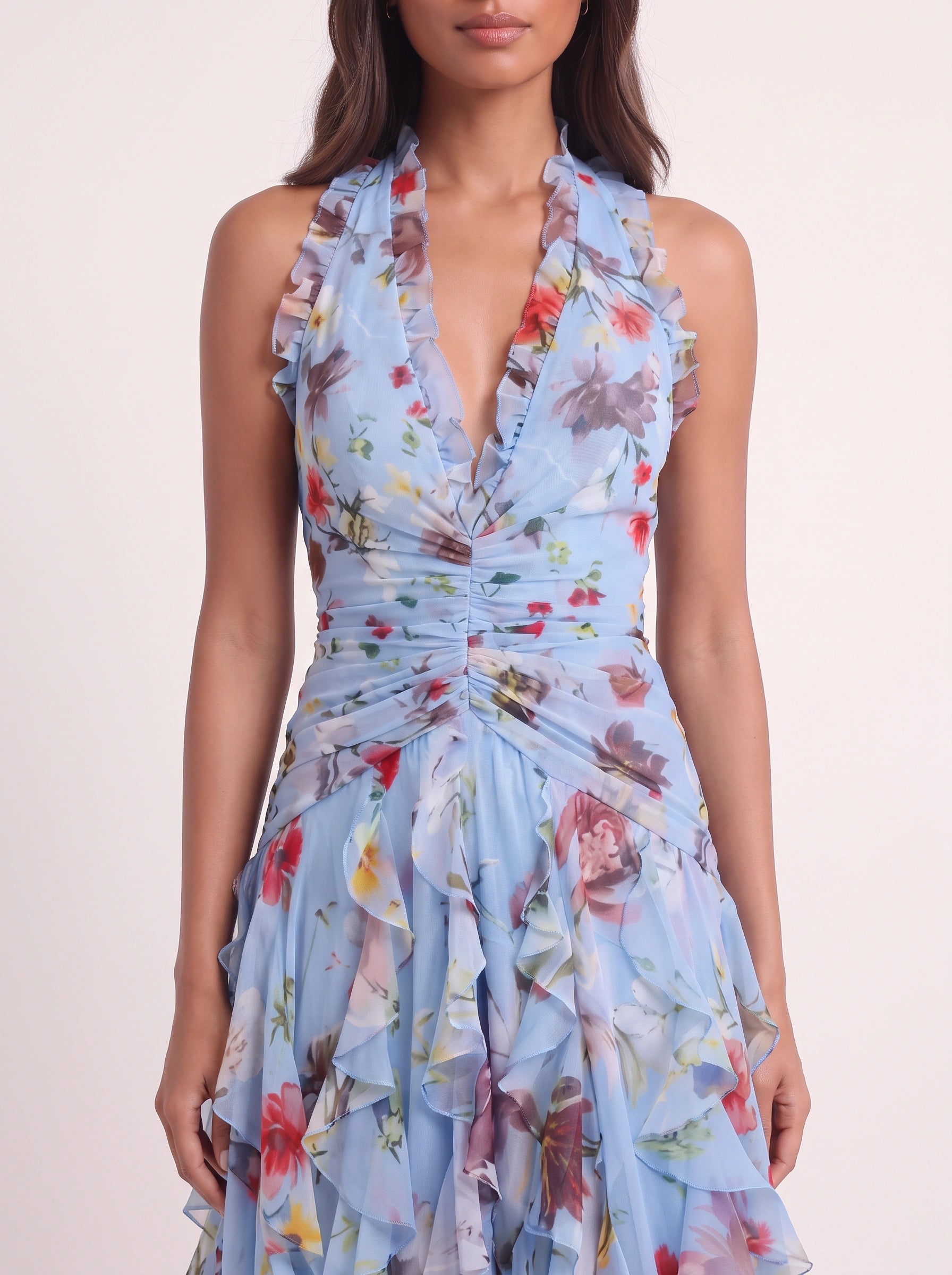Fiorento Halter Ruched Tiered Maxi Dress – Floral Women Summer Wedding Guest Formal Evening Party Maxi Dress