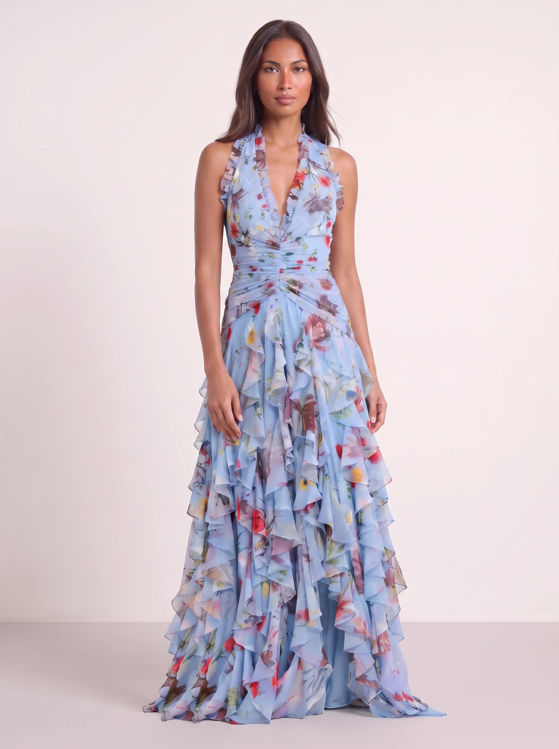 Fiorento Halter Ruched Tiered Maxi Dress – Floral Women Summer Wedding Guest Formal Evening Party Maxi Dress