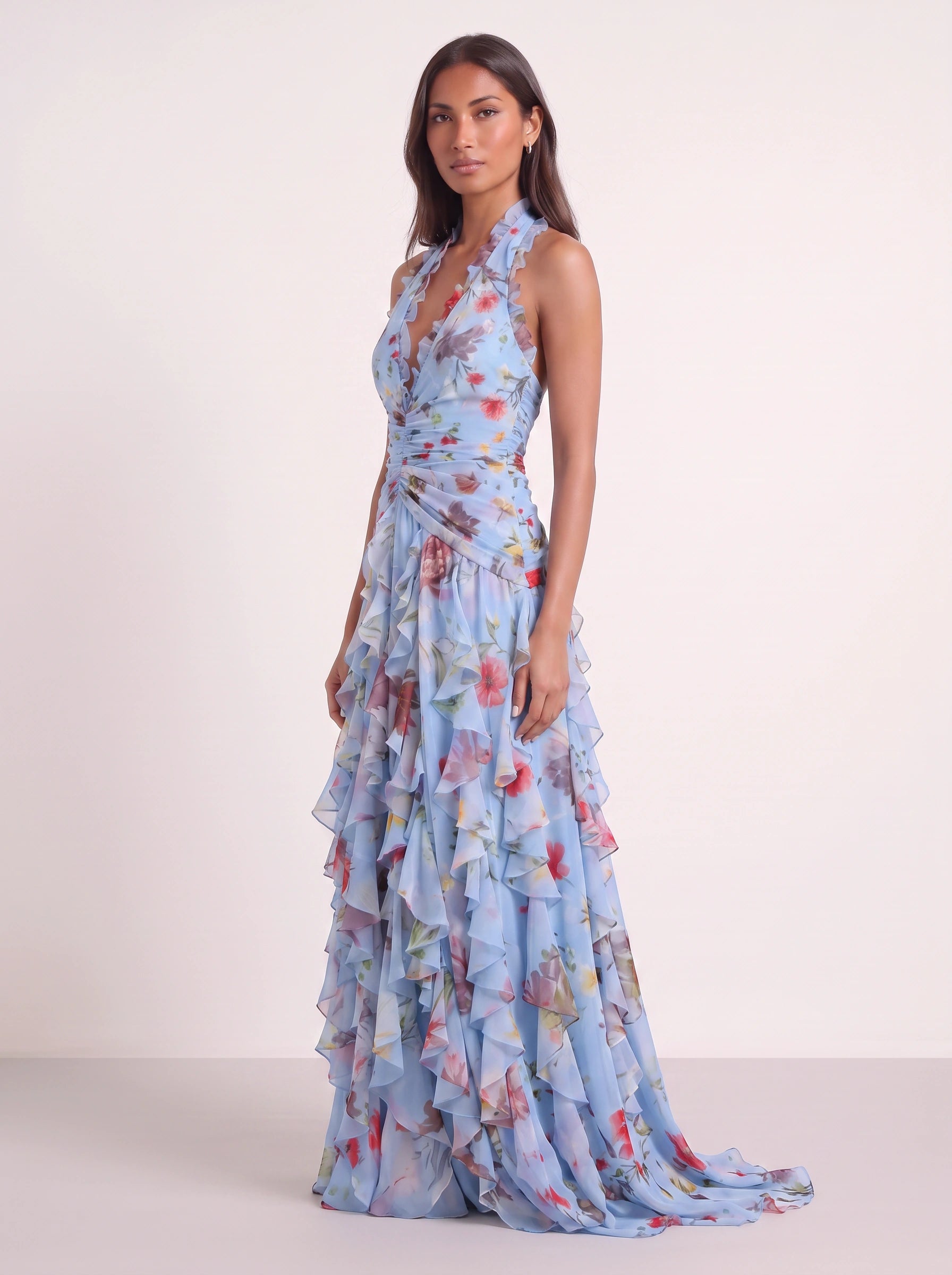 Fiorento Halter Ruched Tiered Maxi Dress – Floral Women Summer Wedding Guest Formal Evening Party Maxi Dress