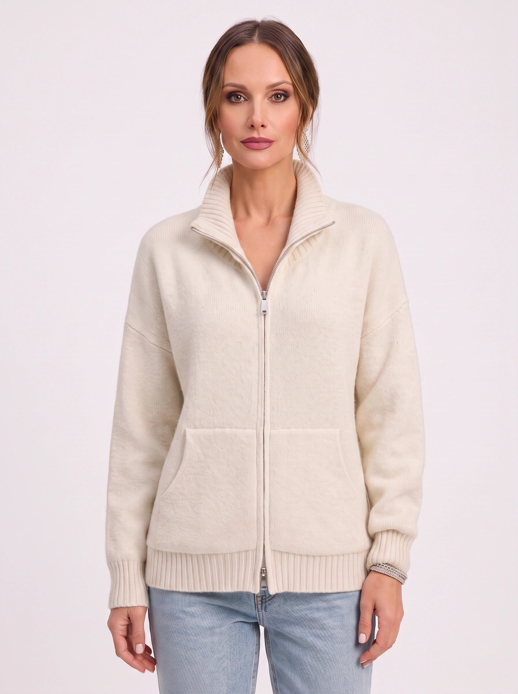 Ribknit Full-Zip Cardigan – Knit Sweater Women Casual Funnel Neck Zip Up Cardigan Sweater Ladies Lounge