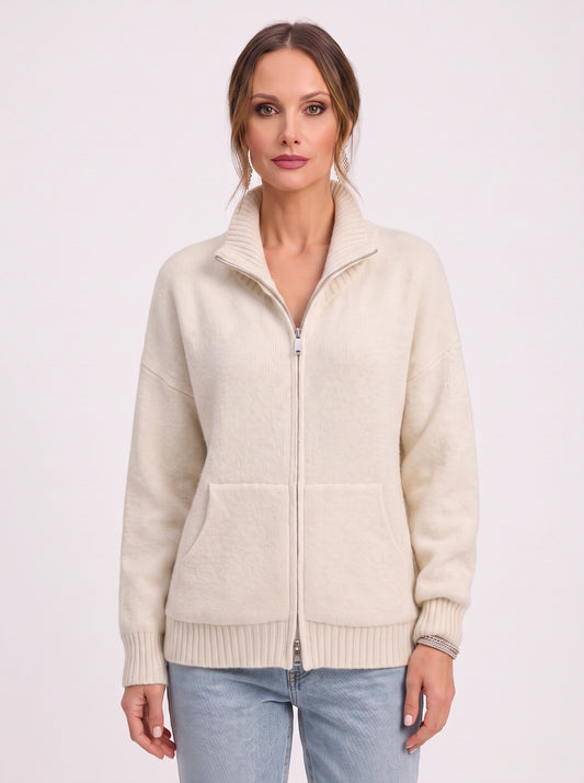 Ribknit Full-Zip Cardigan – Knit Sweater Women Casual Funnel Neck Zip Up Cardigan Sweater Ladies Lounge