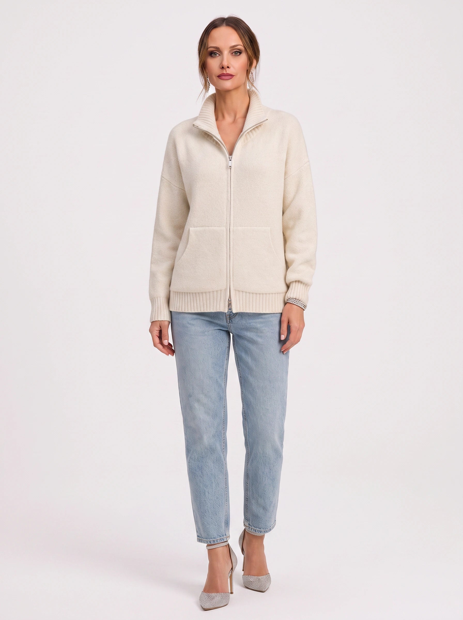 Ribknit Full-Zip Cardigan – Knit Sweater Women Casual Funnel Neck Zip Up Cardigan Sweater Ladies Lounge