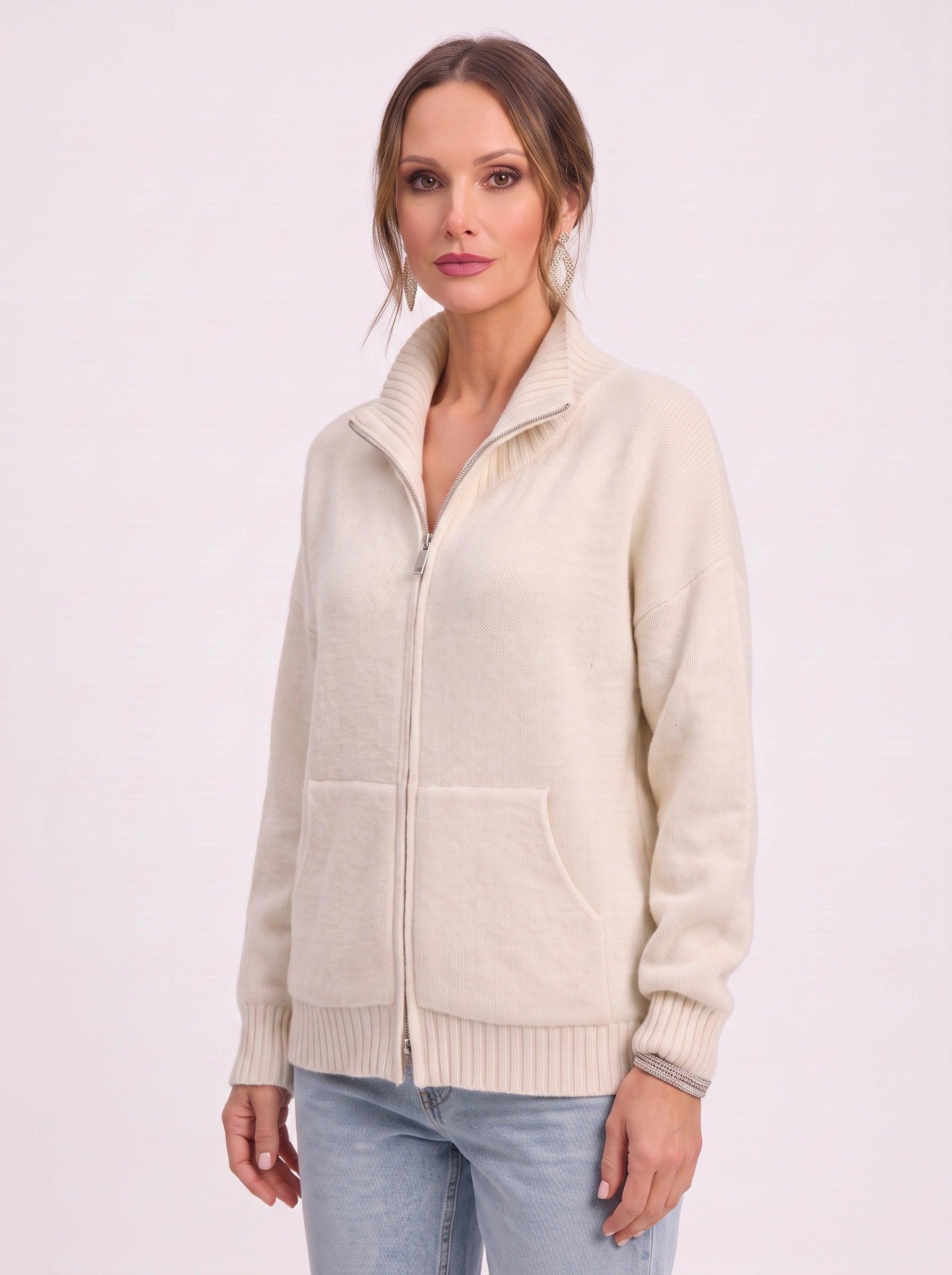 Ribknit Full-Zip Cardigan – Knit Sweater Women Casual Funnel Neck Zip Up Cardigan Sweater Ladies Lounge