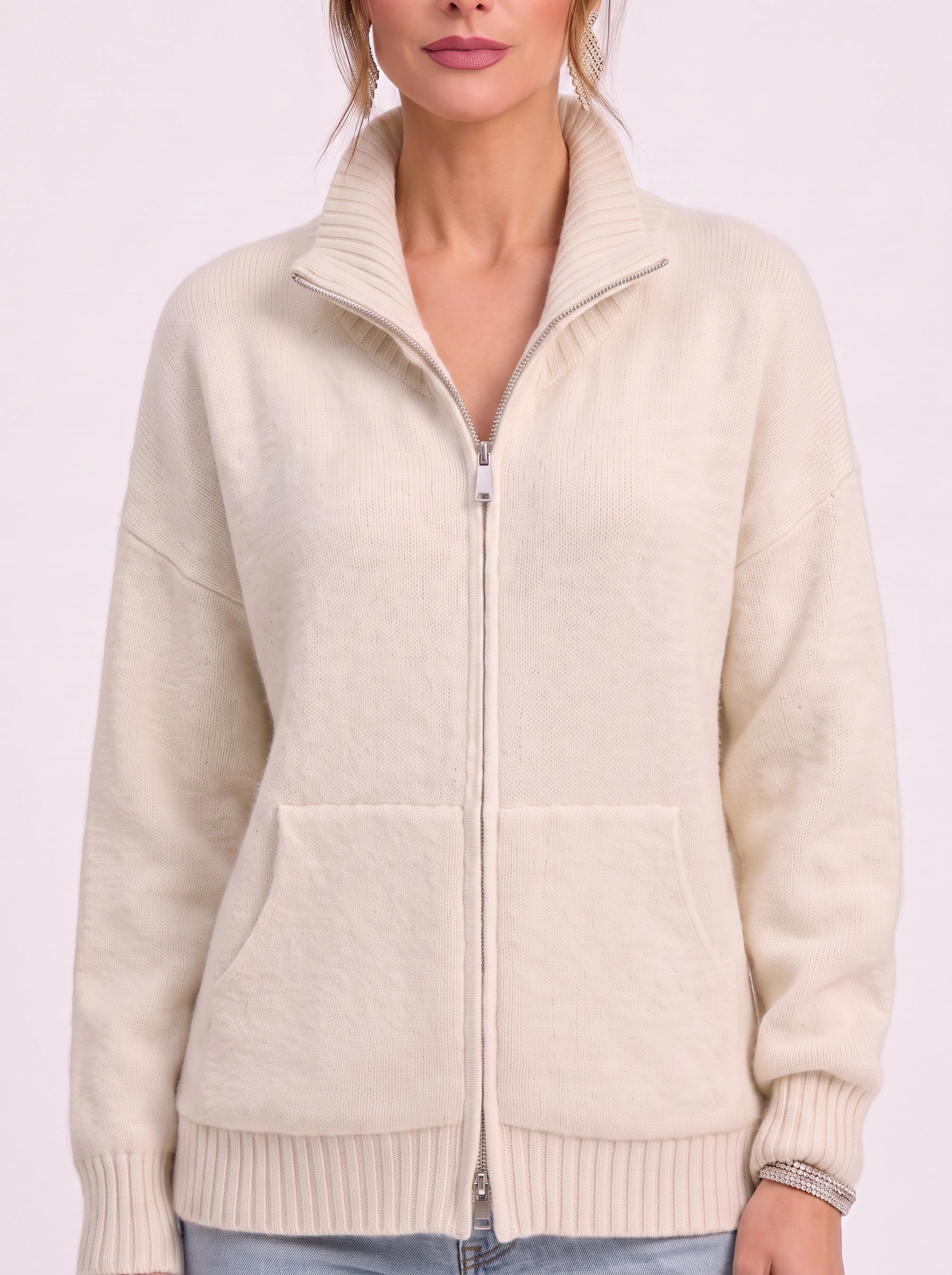 Ribknit Full-Zip Cardigan – Knit Sweater Women Casual Funnel Neck Zip Up Cardigan Sweater Ladies Lounge