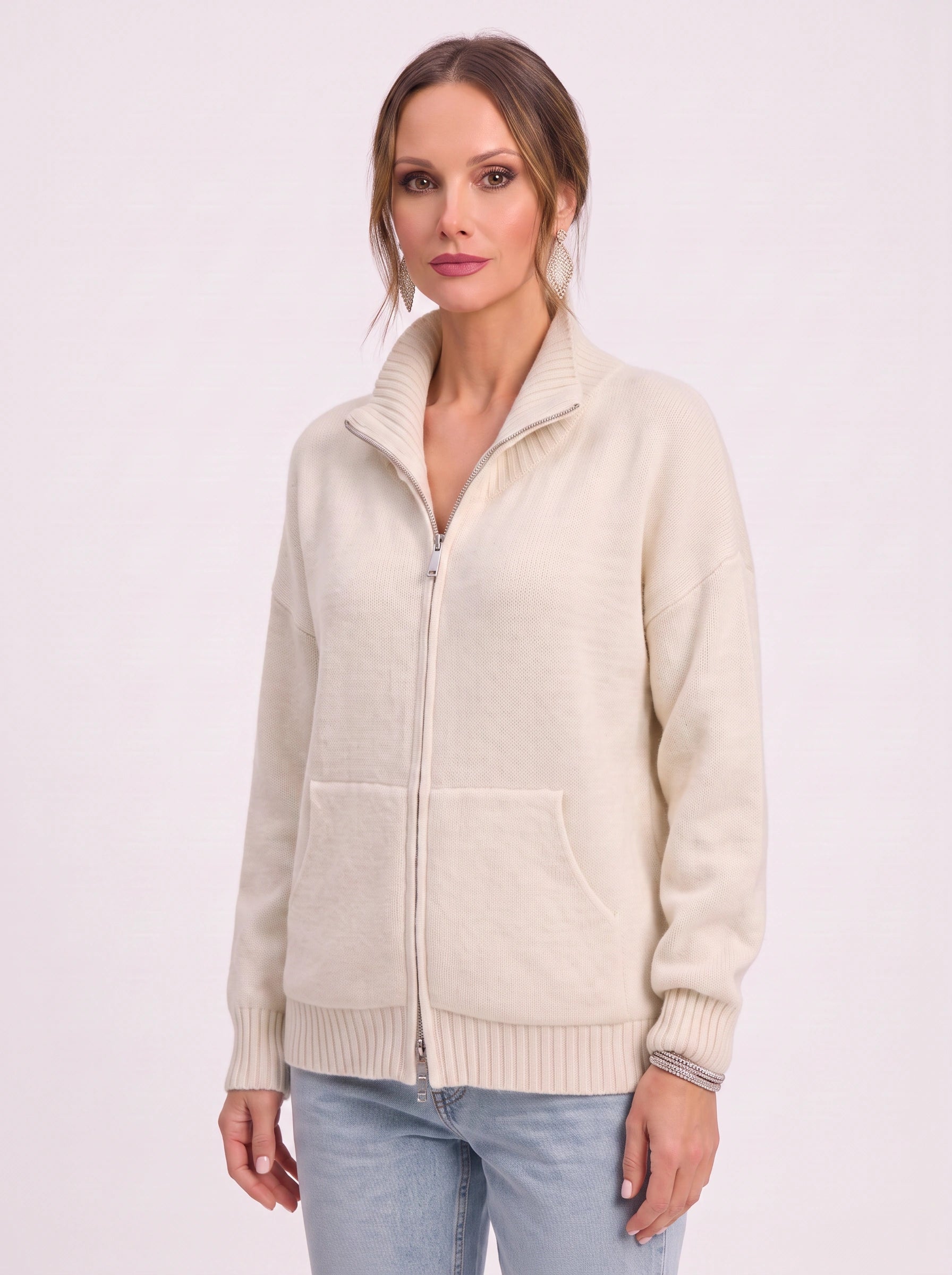 Ribknit Full-Zip Cardigan – Knit Sweater Women Casual Funnel Neck Zip Up Cardigan Sweater Ladies Lounge