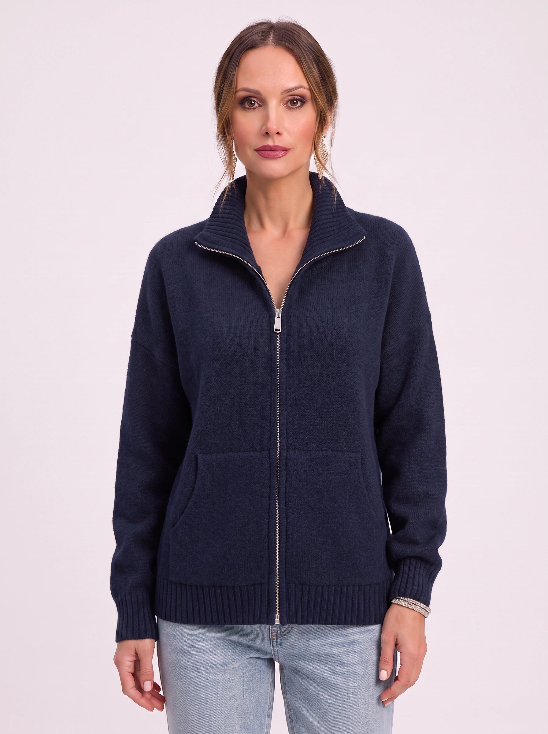 Ribknit Full-Zip Cardigan – Knit Sweater Women Casual Funnel Neck Zip Up Cardigan Sweater Ladies Lounge