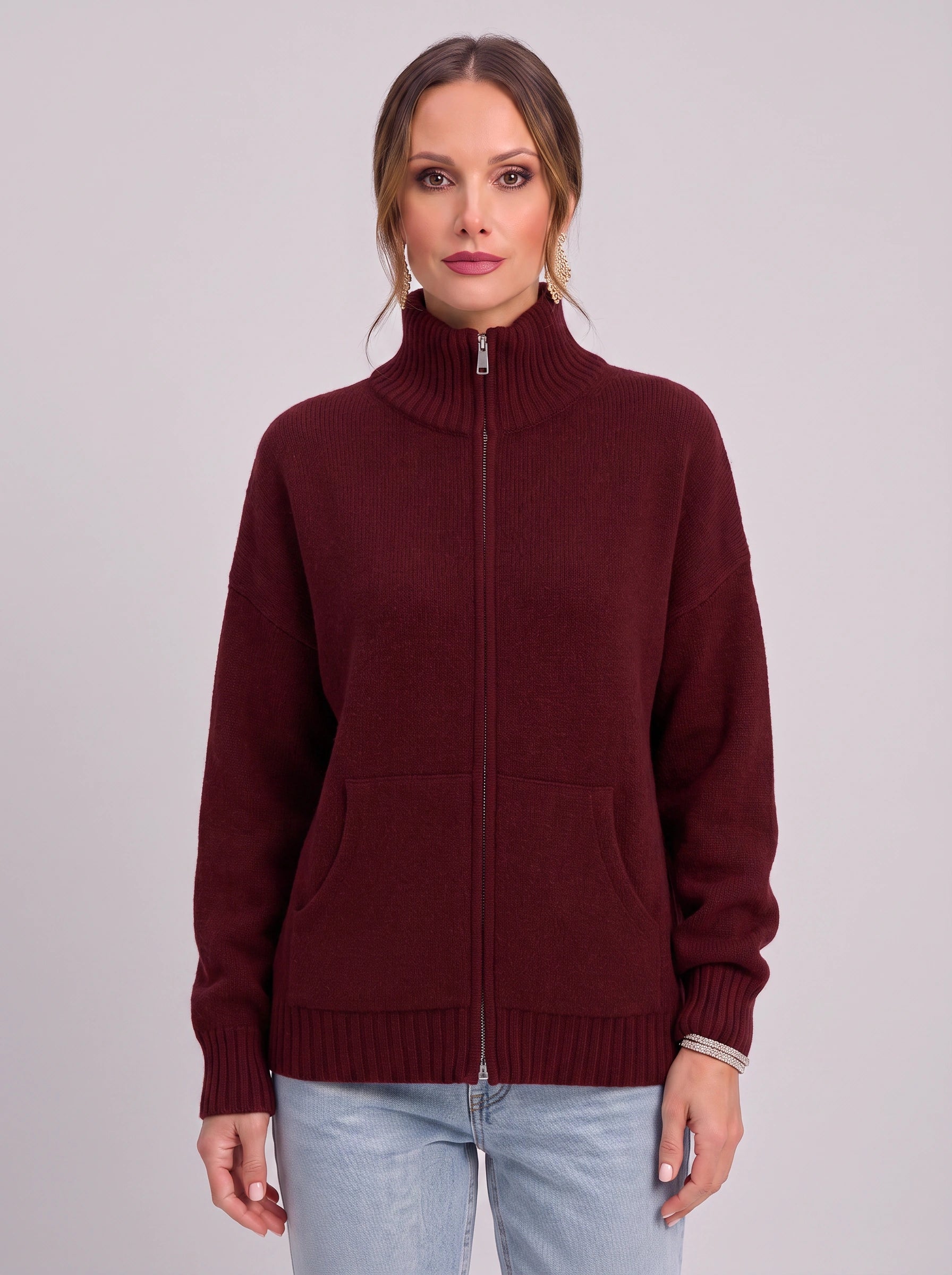 Ribknit Full-Zip Cardigan – Knit Sweater Women Casual Funnel Neck Zip Up Cardigan Sweater Ladies Lounge