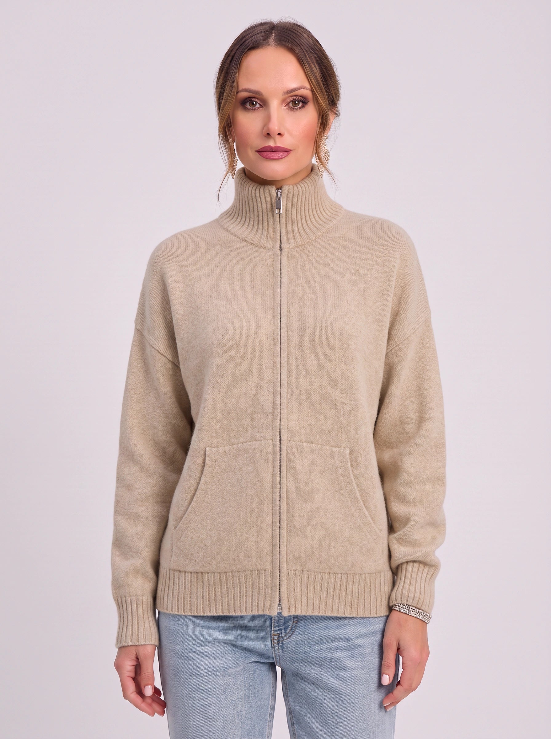 Ribknit Full-Zip Cardigan – Knit Sweater Women Casual Funnel Neck Zip Up Cardigan Sweater Ladies Lounge