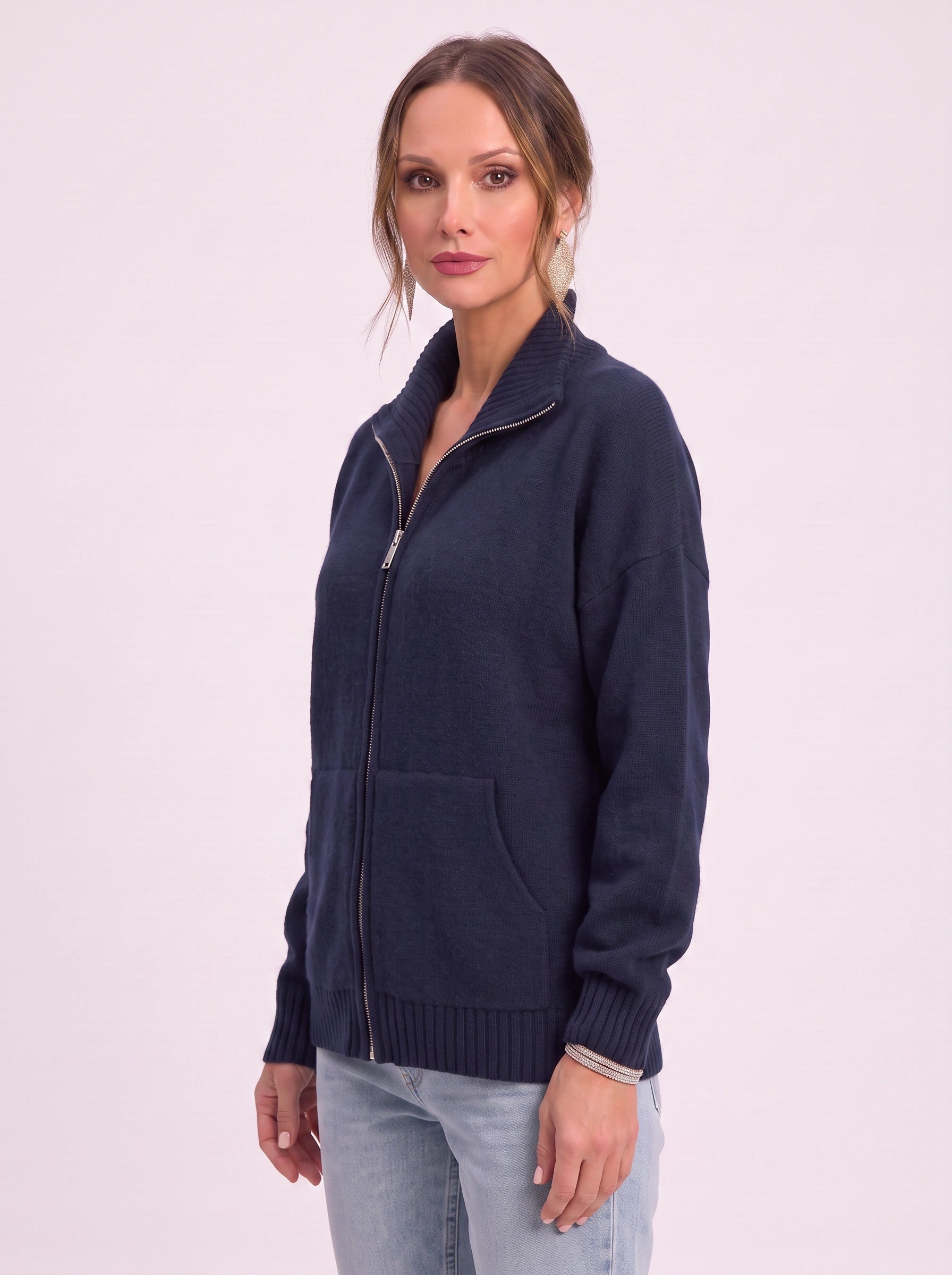 Ribknit Full-Zip Cardigan – Knit Sweater Women Casual Funnel Neck Zip Up Cardigan Sweater Ladies Lounge