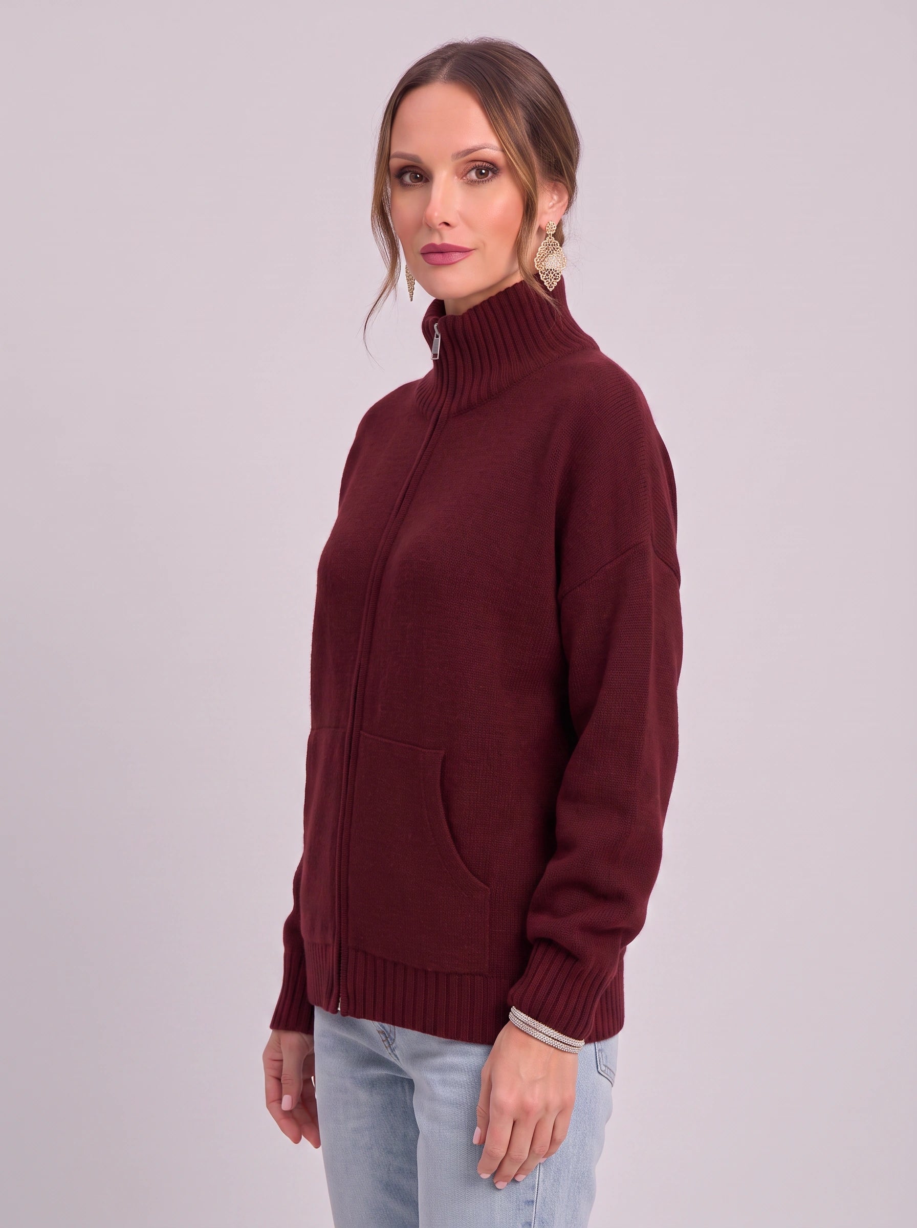 Ribknit Full-Zip Cardigan – Knit Sweater Women Casual Funnel Neck Zip Up Cardigan Sweater Ladies Lounge
