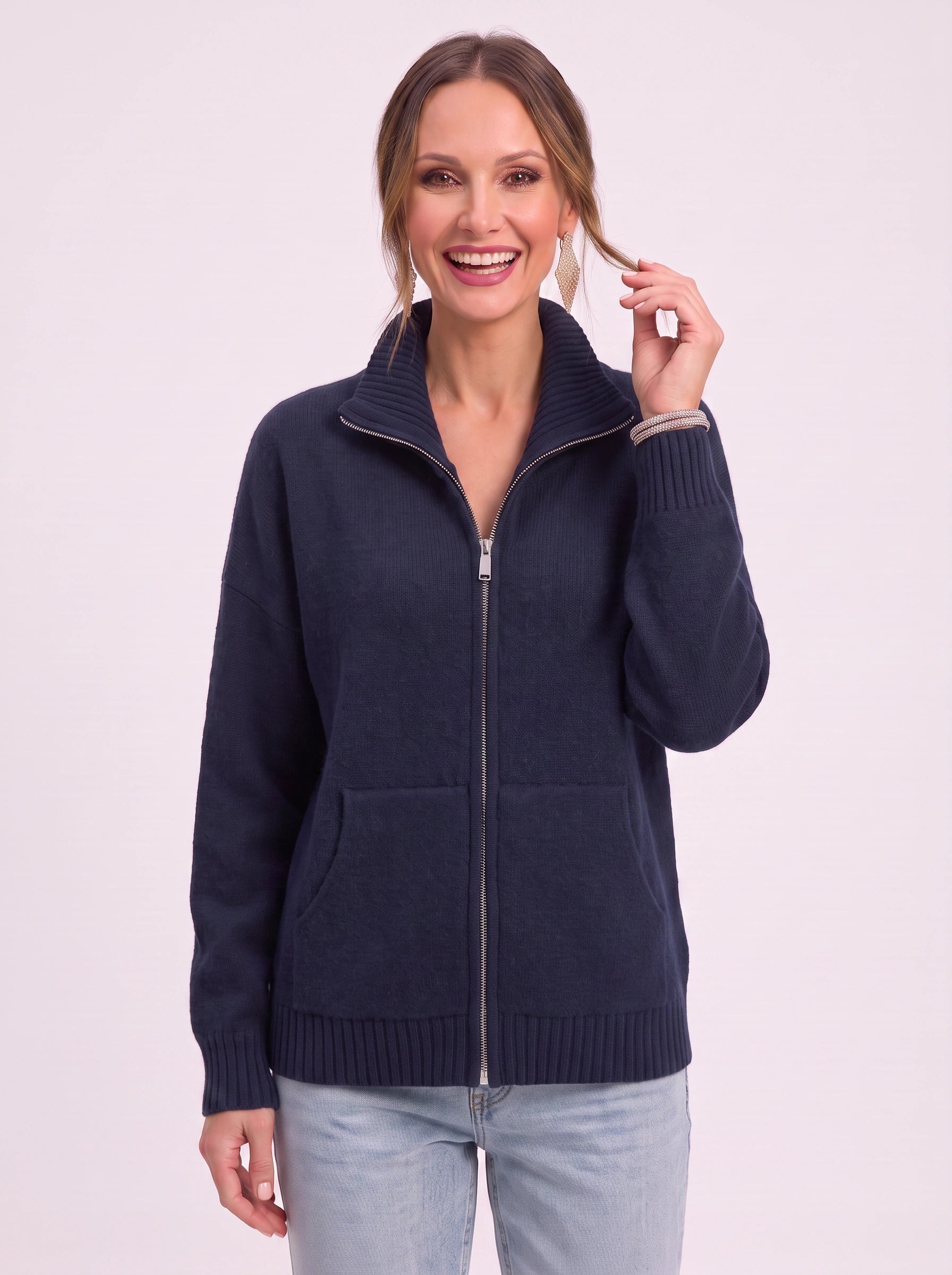 Ribknit Full-Zip Cardigan – Knit Sweater Women Casual Funnel Neck Zip Up Cardigan Sweater Ladies Lounge