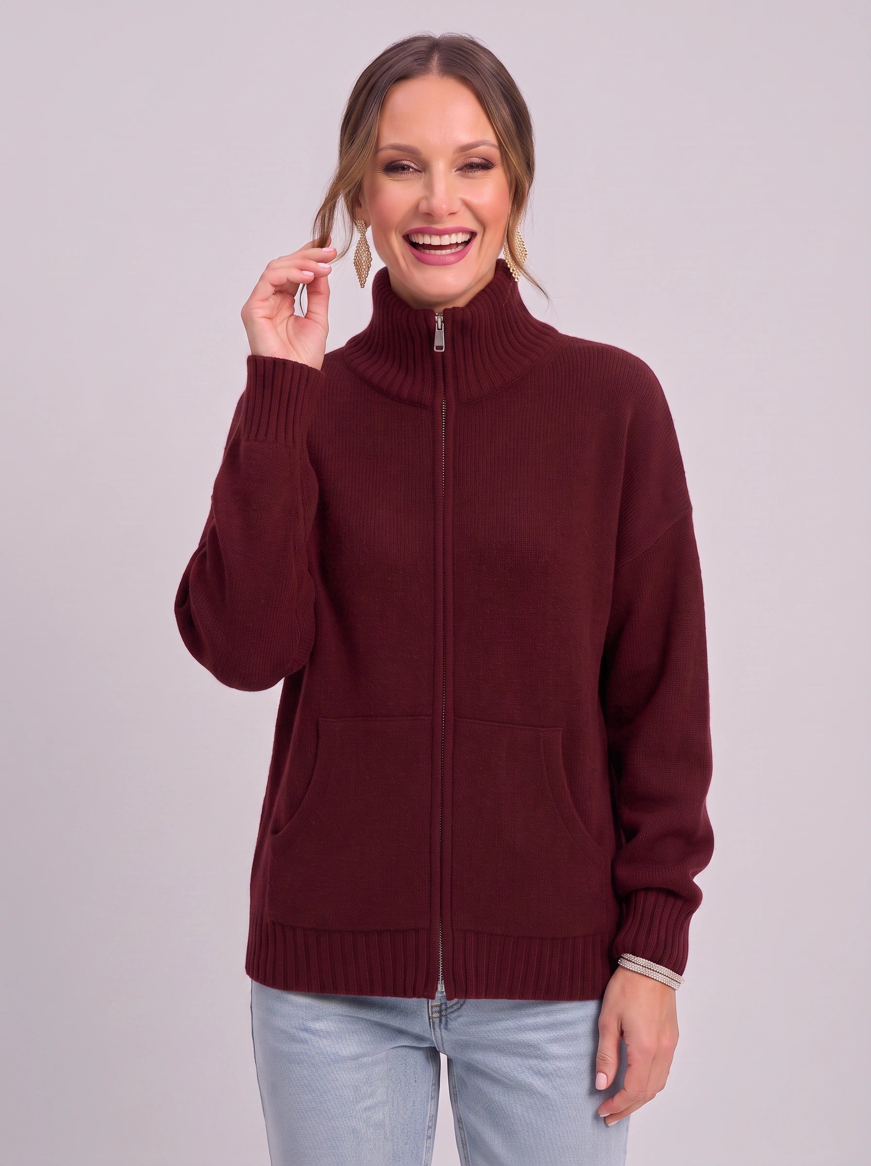 Ribknit Full-Zip Cardigan – Knit Sweater Women Casual Funnel Neck Zip Up Cardigan Sweater Ladies Lounge