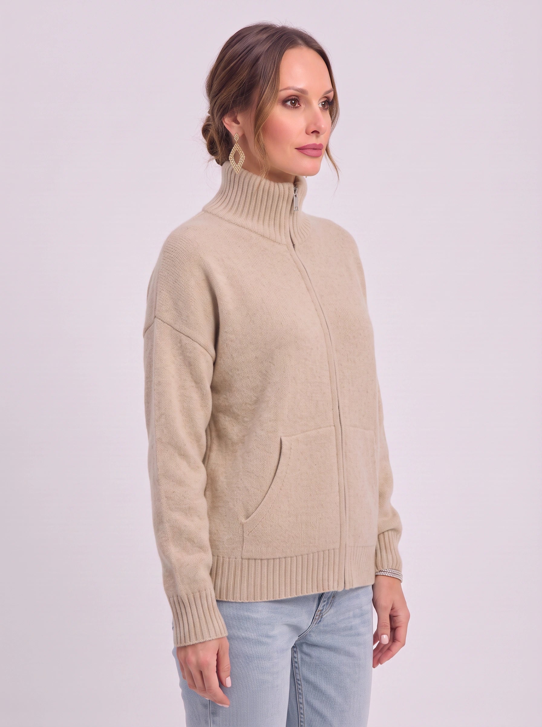 Ribknit Full-Zip Cardigan – Knit Sweater Women Casual Funnel Neck Zip Up Cardigan Sweater Ladies Lounge