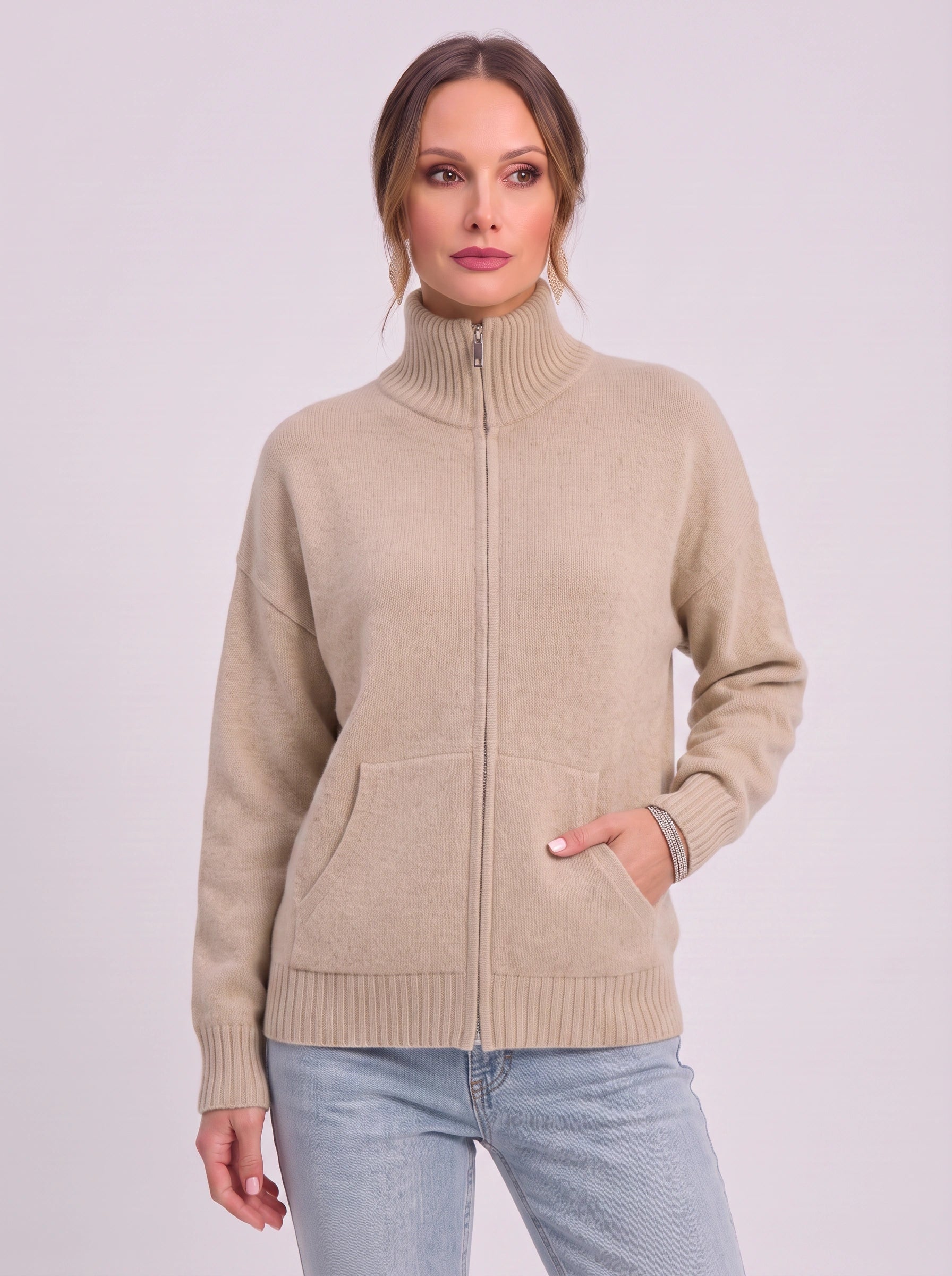 Ribknit Full-Zip Cardigan – Knit Sweater Women Casual Funnel Neck Zip Up Cardigan Sweater Ladies Lounge