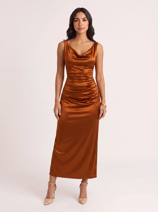 Drapreau Cowl Neck Ruched Maxi Dress – Satin Bodycon Women Formal Evening Cocktail Wedding Guest Maxi Dress