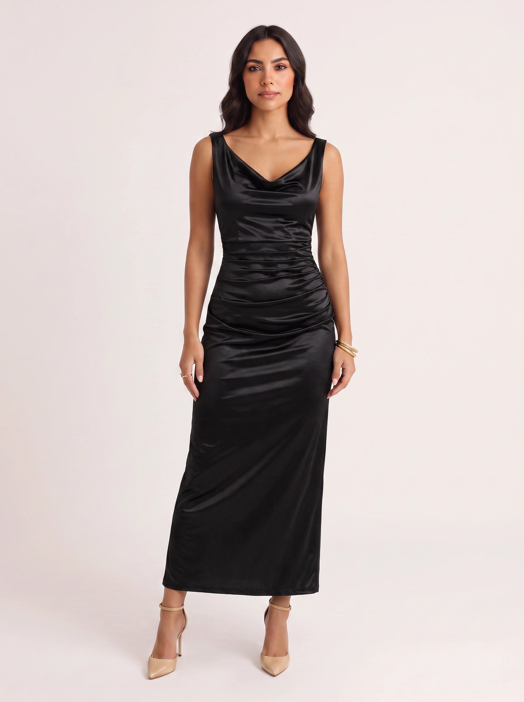 Drapreau Cowl Neck Ruched Maxi Dress – Satin Bodycon Women Formal Evening Cocktail Wedding Guest Maxi Dress