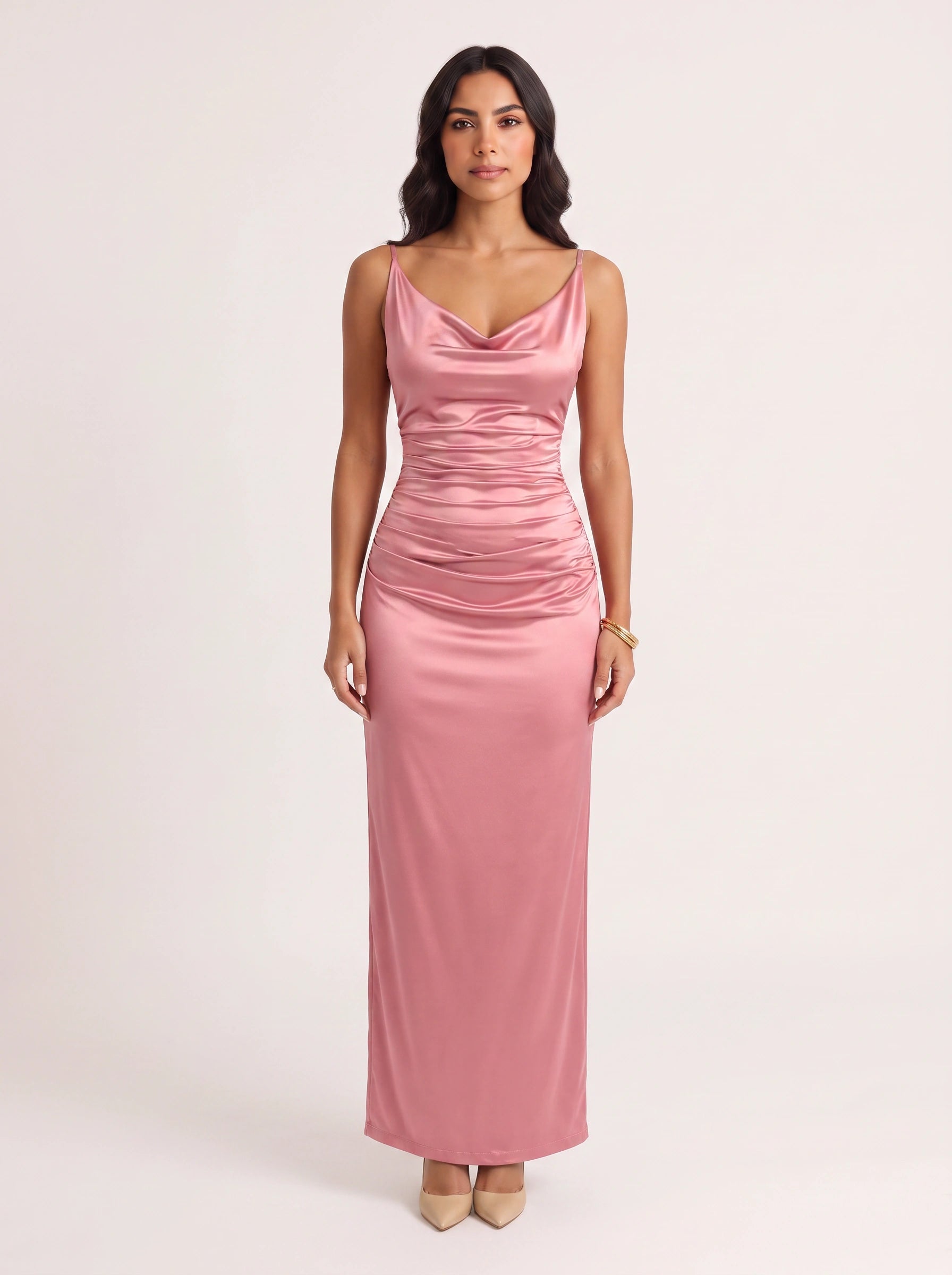Drapreau Cowl Neck Ruched Maxi Dress – Satin Bodycon Women Formal Evening Cocktail Wedding Guest Maxi Dress