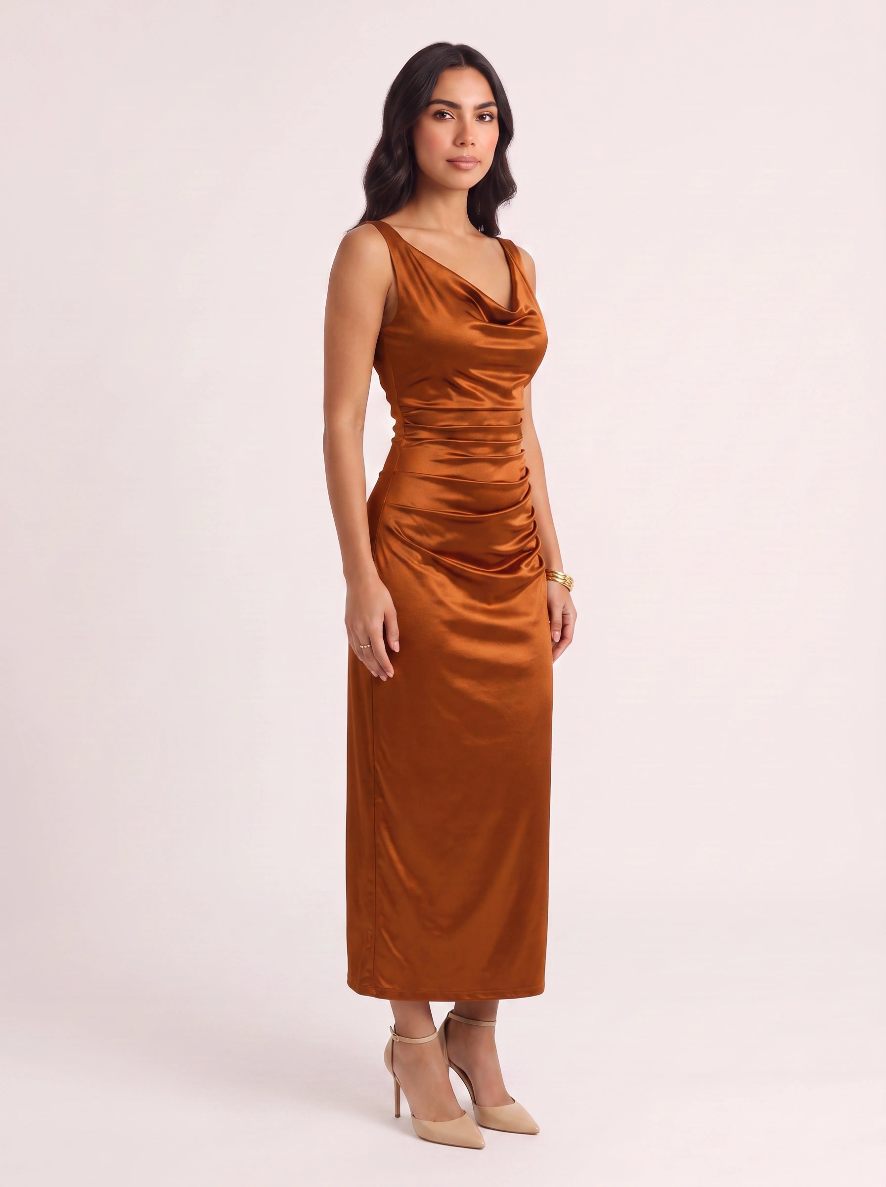 Drapreau Cowl Neck Ruched Maxi Dress – Satin Bodycon Women Formal Evening Cocktail Wedding Guest Maxi Dress