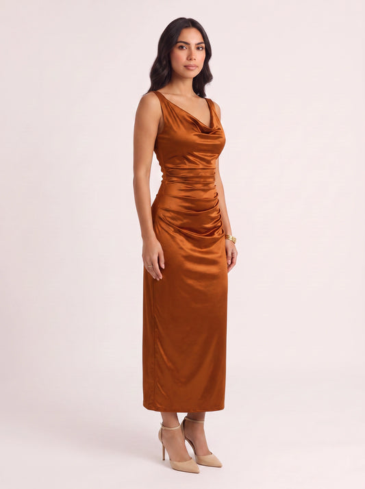 Drapreau Cowl Neck Ruched Maxi Dress – Satin Bodycon Women Formal Evening Cocktail Wedding Guest Maxi Dress