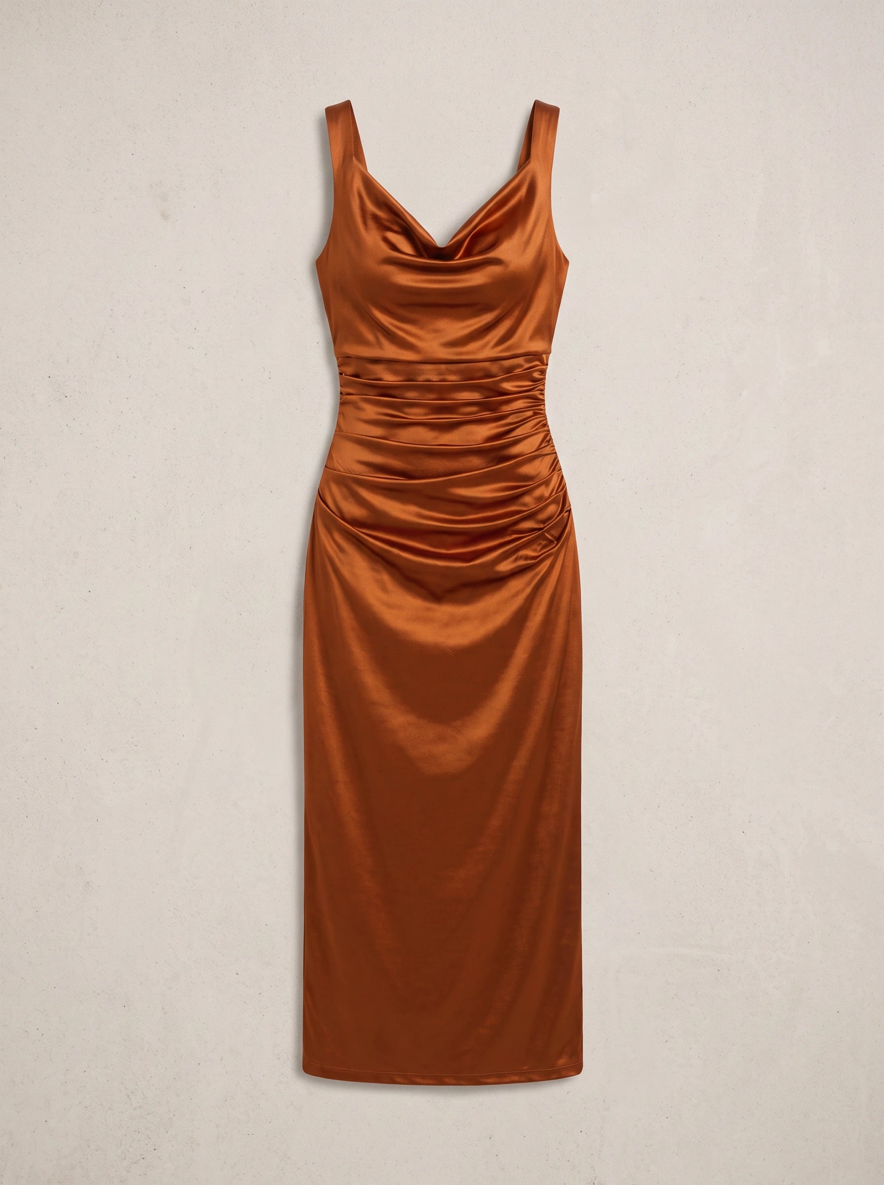 Drapreau Cowl Neck Ruched Maxi Dress – Satin Bodycon Women Formal Evening Cocktail Wedding Guest Maxi Dress