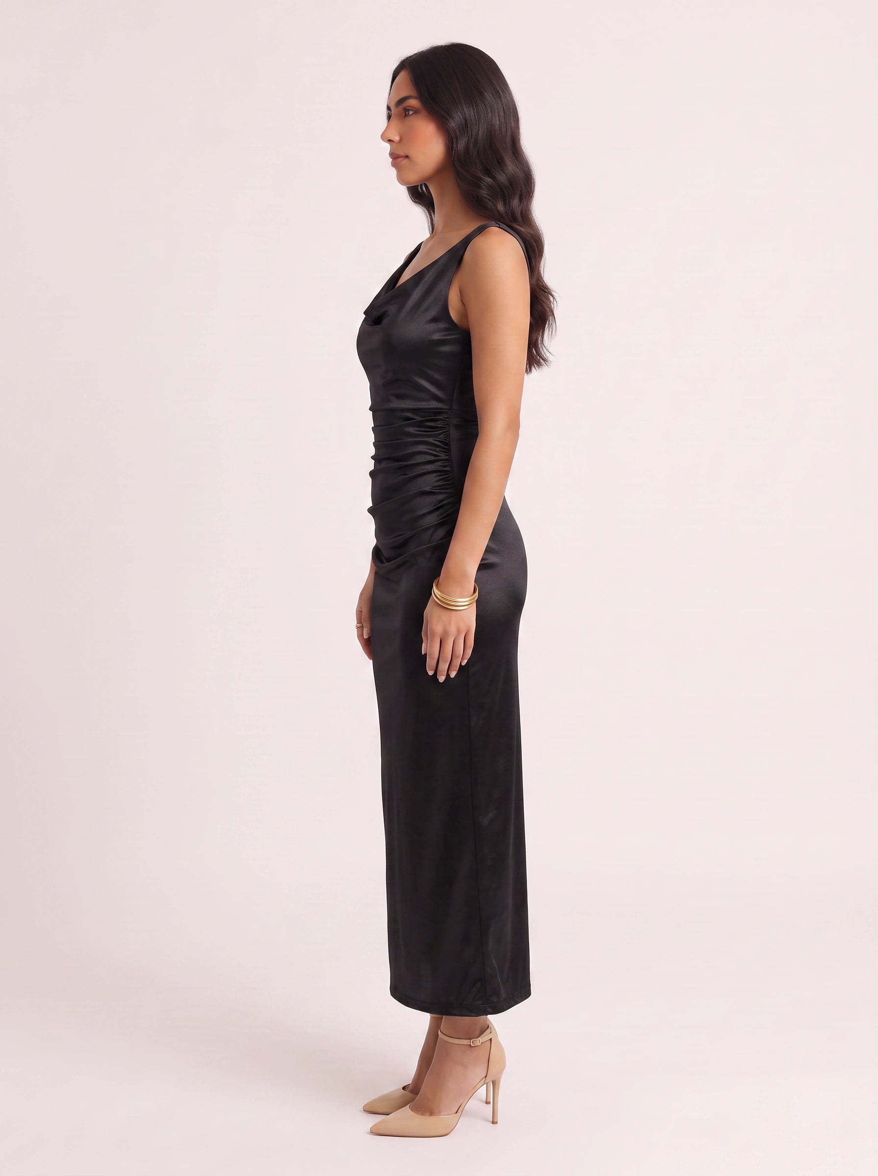 Drapreau Cowl Neck Ruched Maxi Dress – Satin Bodycon Women Formal Evening Cocktail Wedding Guest Maxi Dress