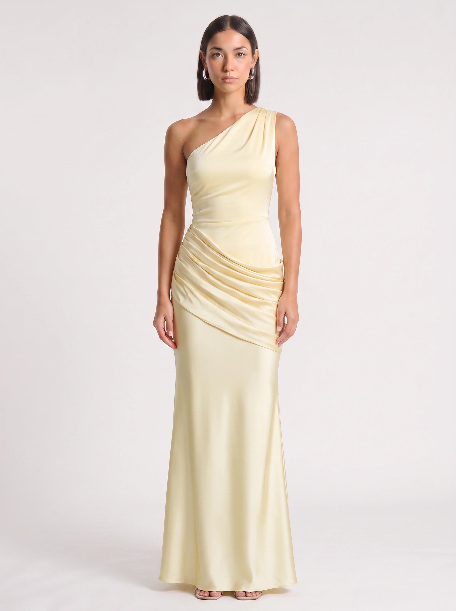 Orissa One-Shoulder Ruched Maxi Dress – Satin Women Wedding Guest Formal Evening Bridesmaid Maxi Dress