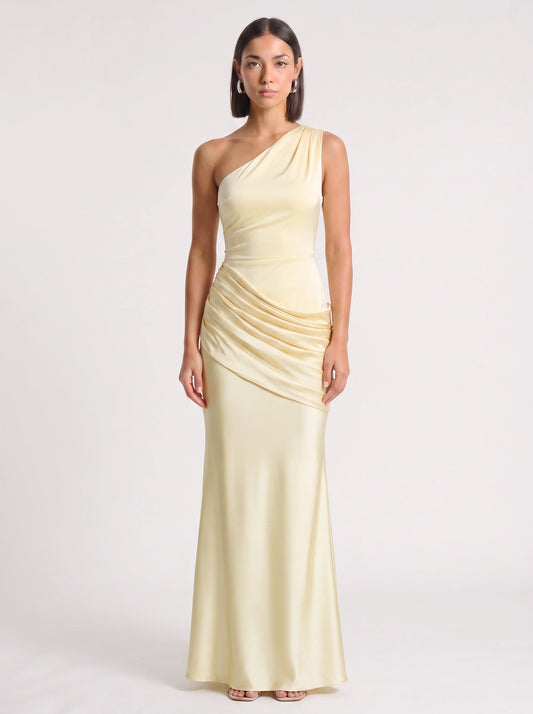 Orissa One-Shoulder Ruched Maxi Dress – Satin Women Wedding Guest Formal Evening Bridesmaid Maxi Dress