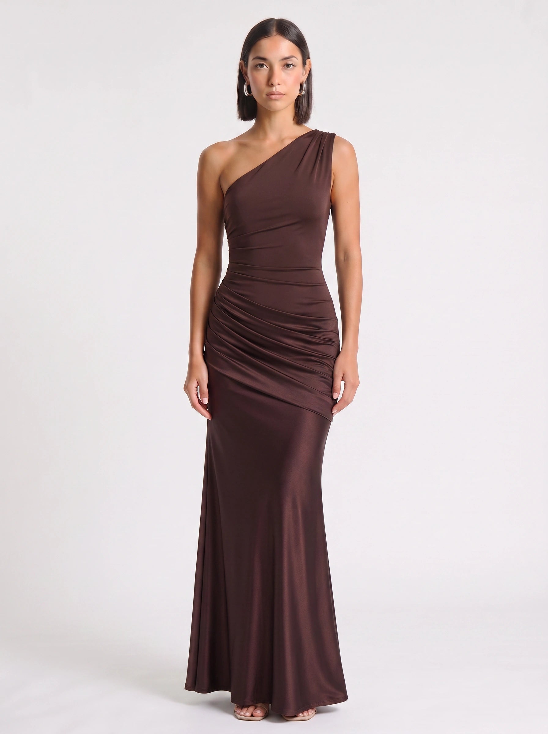 Orissa One-Shoulder Ruched Maxi Dress – Satin Women Wedding Guest Formal Evening Bridesmaid Maxi Dress