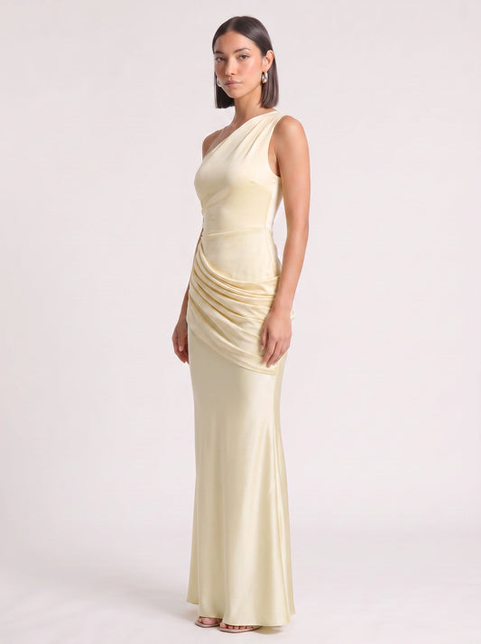 Orissa One-Shoulder Ruched Maxi Dress – Satin Women Wedding Guest Formal Evening Bridesmaid Maxi Dress
