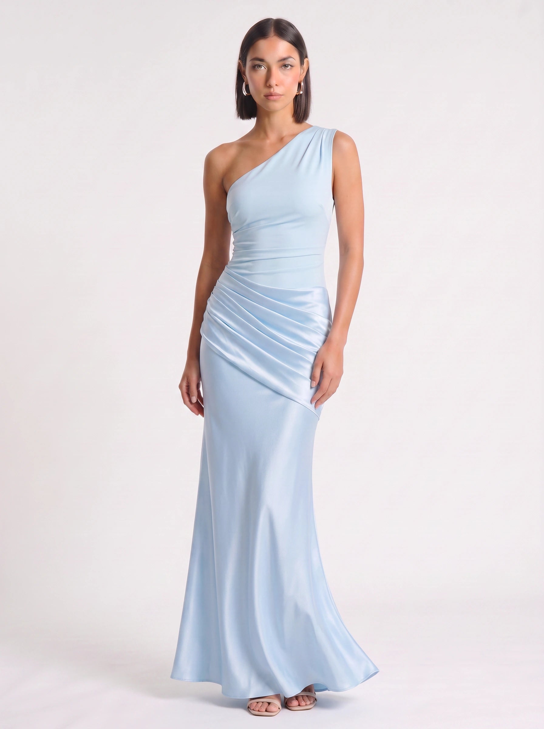 Orissa One-Shoulder Ruched Maxi Dress – Satin Women Wedding Guest Formal Evening Bridesmaid Maxi Dress
