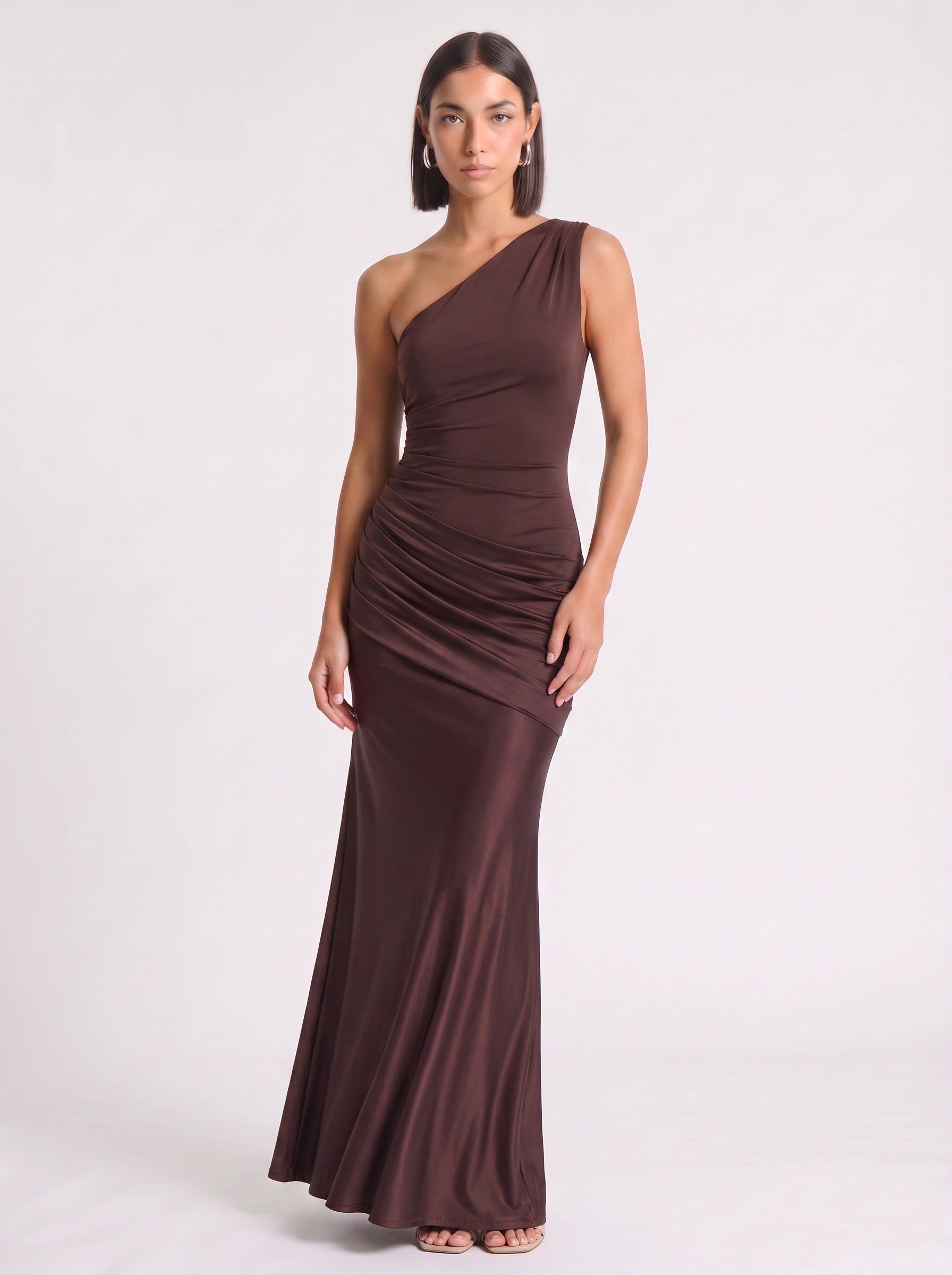 Orissa One-Shoulder Ruched Maxi Dress – Satin Women Wedding Guest Formal Evening Bridesmaid Maxi Dress