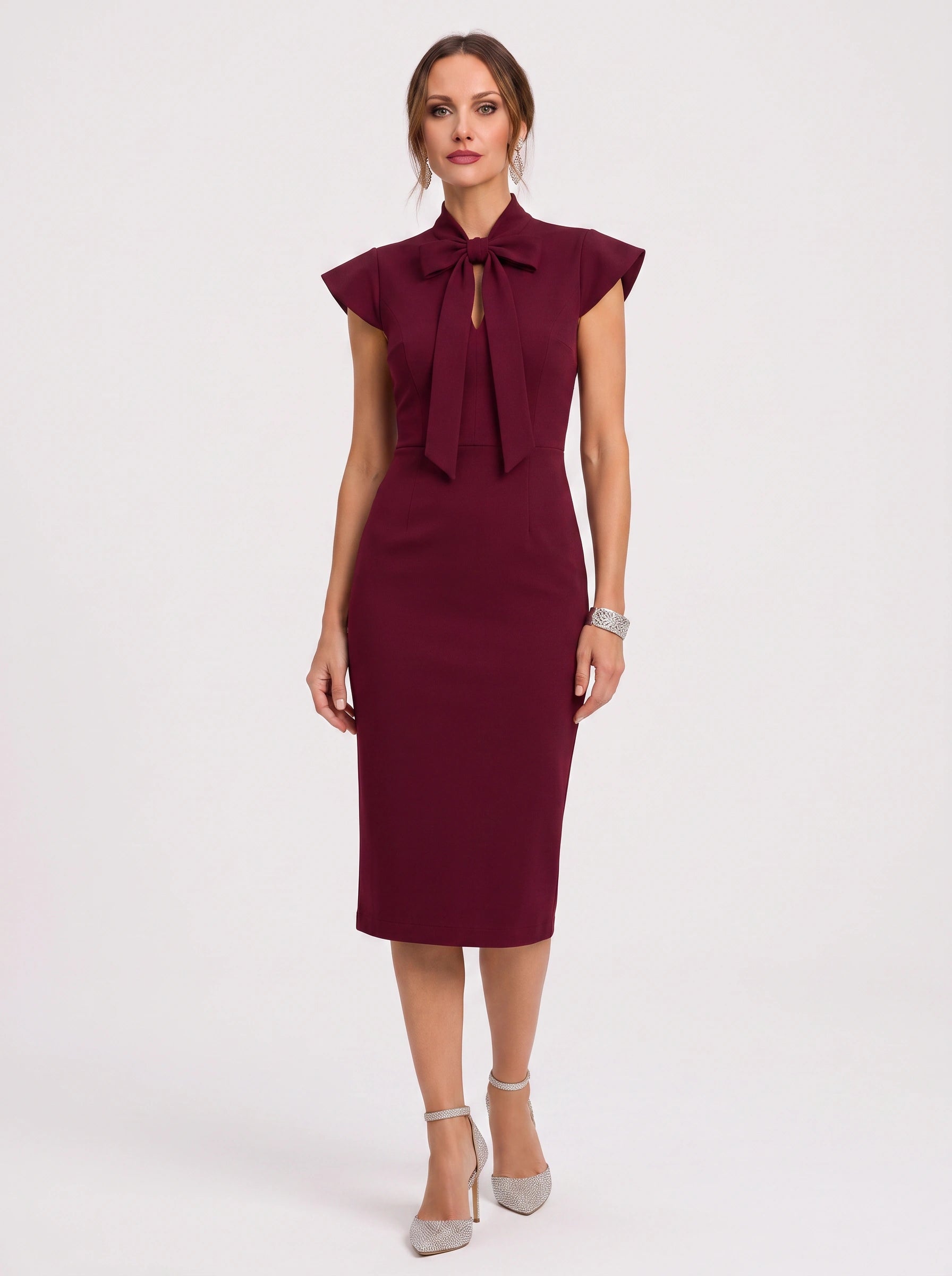 Arcella Bow-Tie Midi Dress – Women Formal Office Wedding Guest Cap Sleeve Pencil Midi Dress