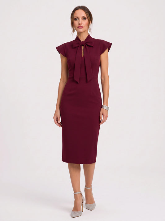 Arcella Bow-Tie Midi Dress – Women Formal Office Wedding Guest Cap Sleeve Pencil Midi Dress