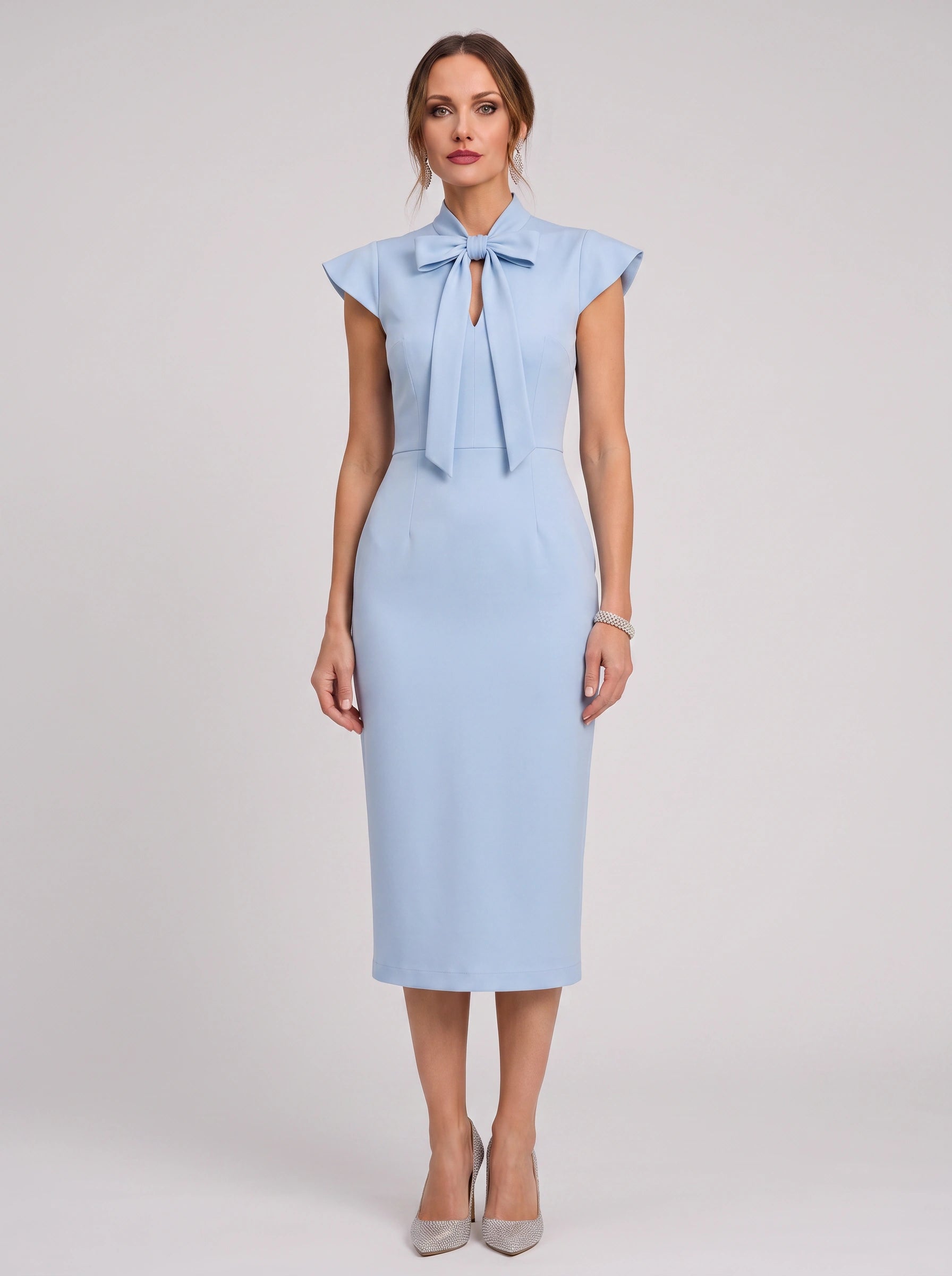 Arcella Bow-Tie Midi Dress – Women Formal Office Wedding Guest Cap Sleeve Pencil Midi Dress