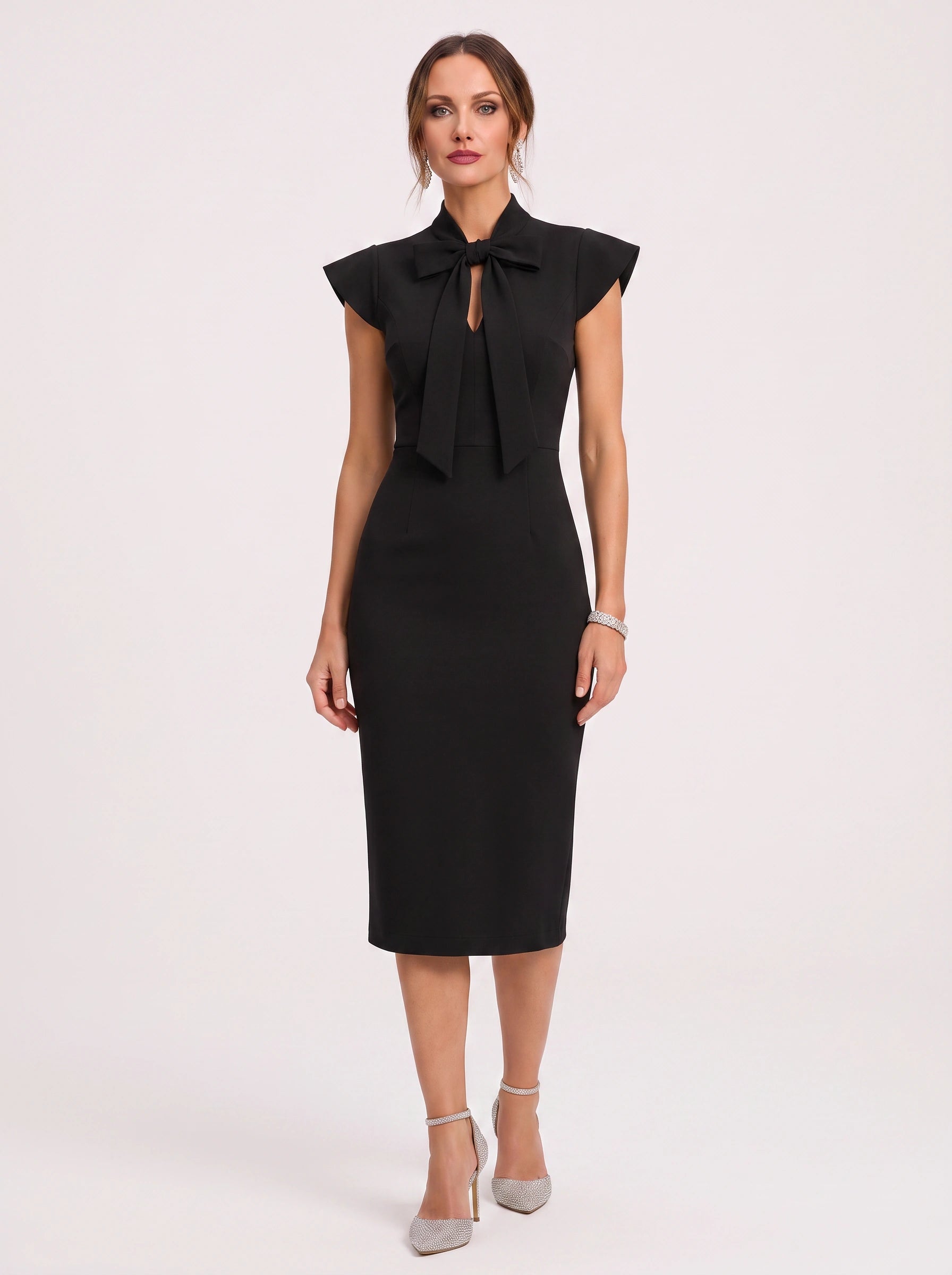 Arcella Bow-Tie Midi Dress – Women Formal Office Wedding Guest Cap Sleeve Pencil Midi Dress