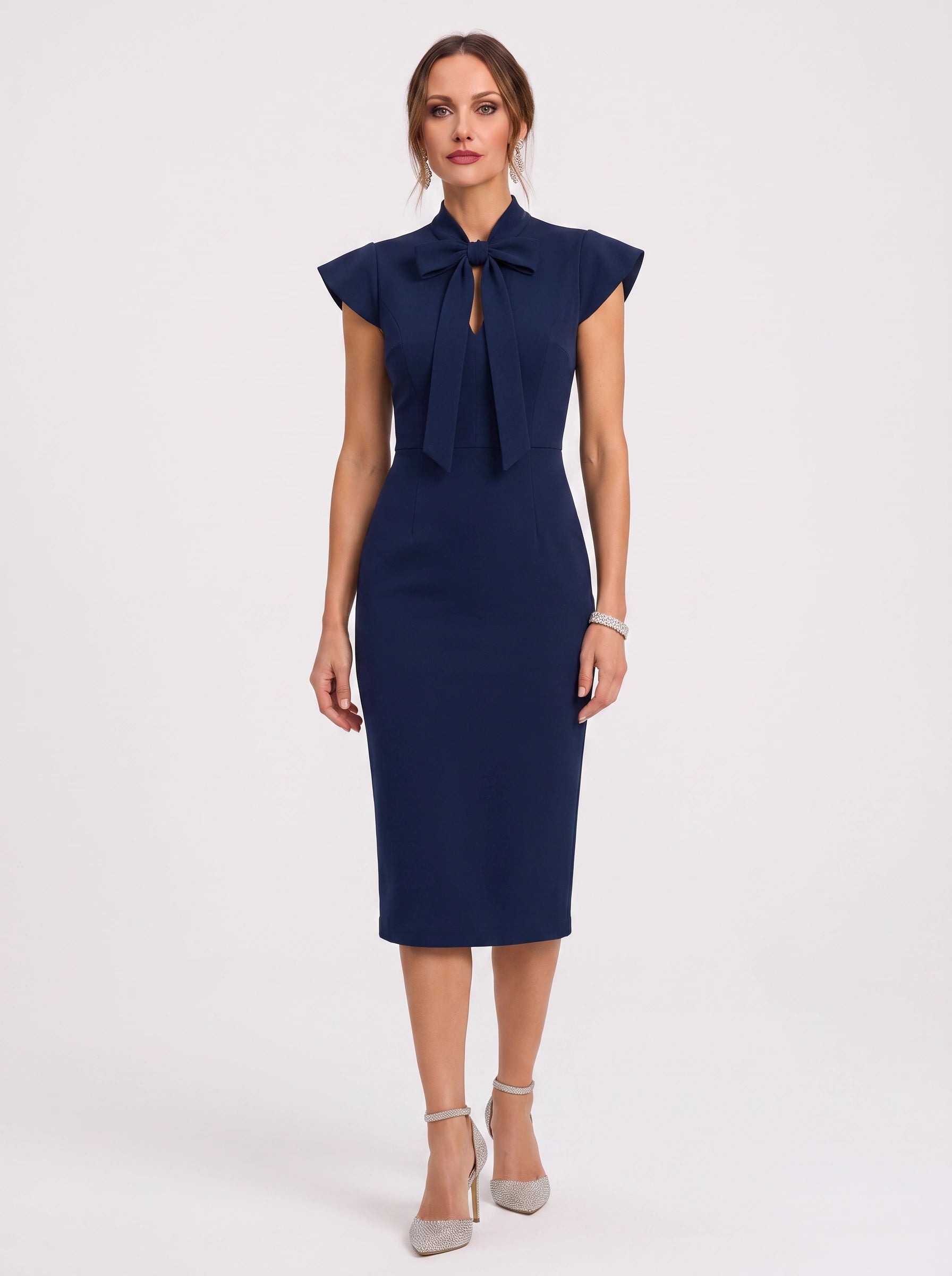 Arcella Bow-Tie Midi Dress – Women Formal Office Wedding Guest Cap Sleeve Pencil Midi Dress