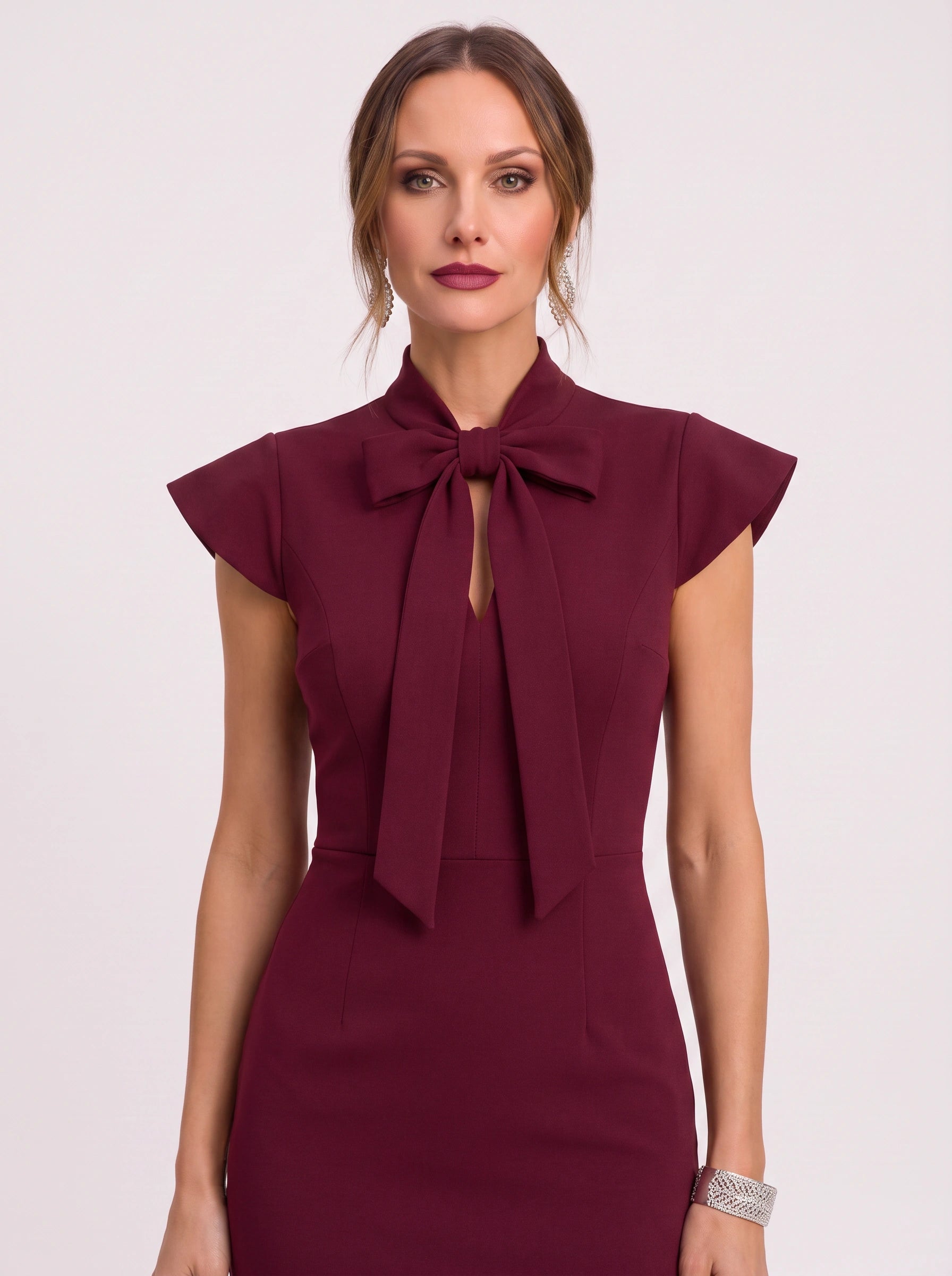 Arcella Bow-Tie Midi Dress – Women Formal Office Wedding Guest Cap Sleeve Pencil Midi Dress