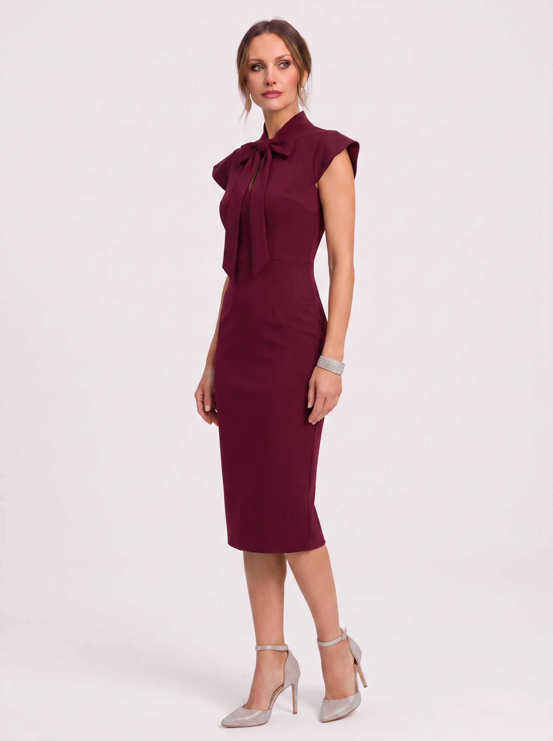 Arcella Bow-Tie Midi Dress – Women Formal Office Wedding Guest Cap Sleeve Pencil Midi Dress