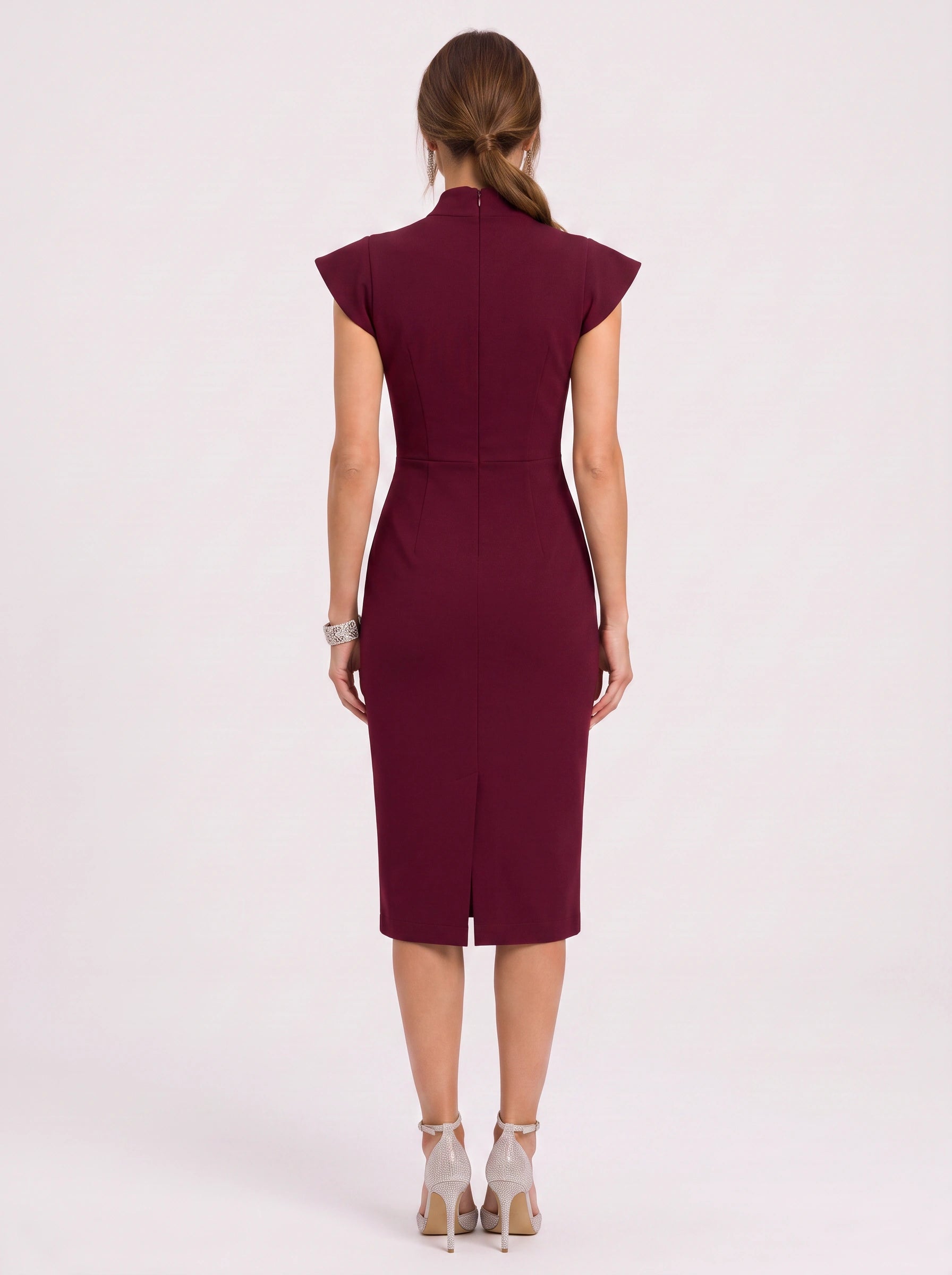 Arcella Bow-Tie Midi Dress – Women Formal Office Wedding Guest Cap Sleeve Pencil Midi Dress