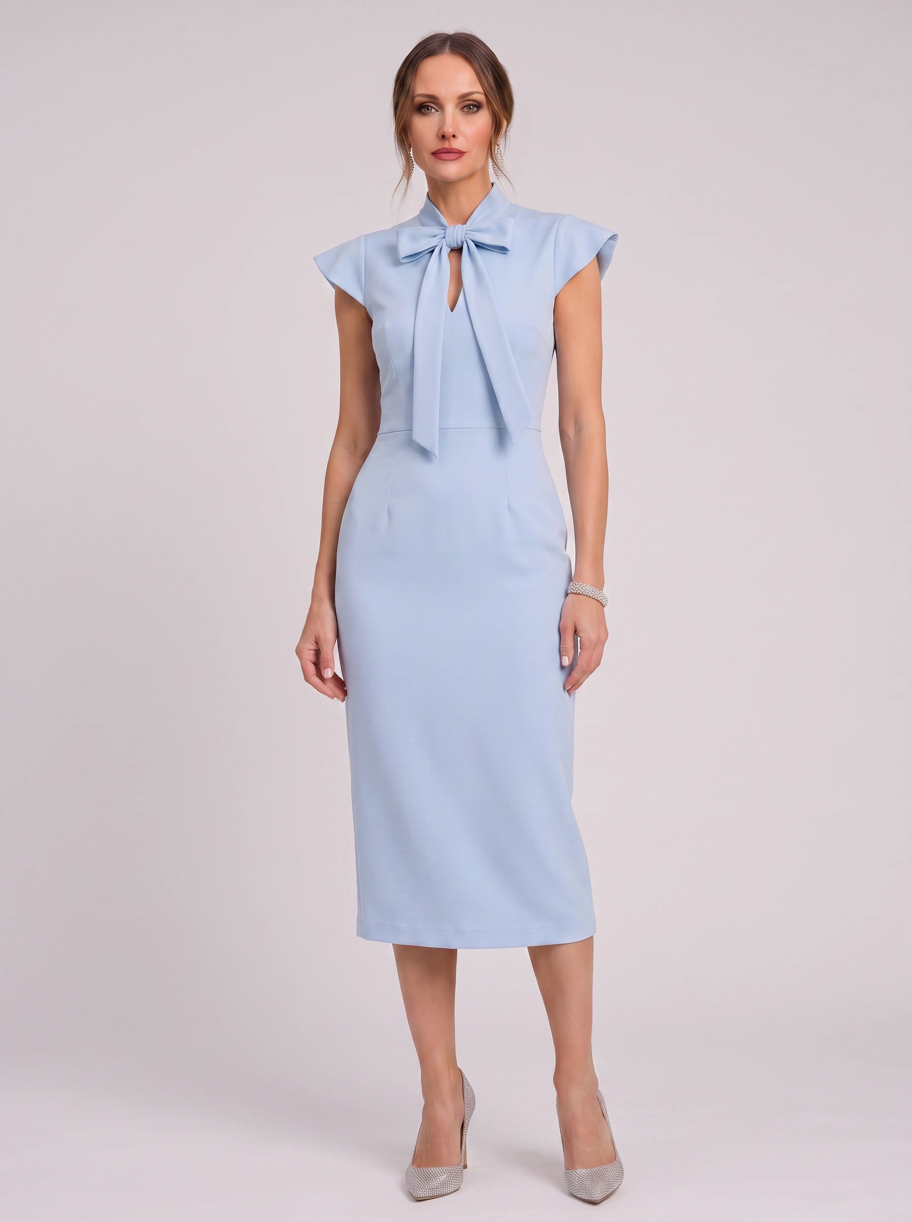 Arcella Bow-Tie Midi Dress – Women Formal Office Wedding Guest Cap Sleeve Pencil Midi Dress