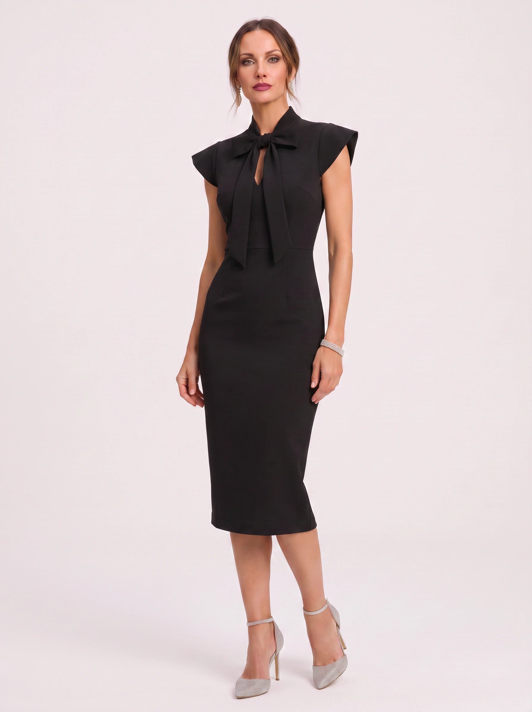 Arcella Bow-Tie Midi Dress – Women Formal Office Wedding Guest Cap Sleeve Pencil Midi Dress