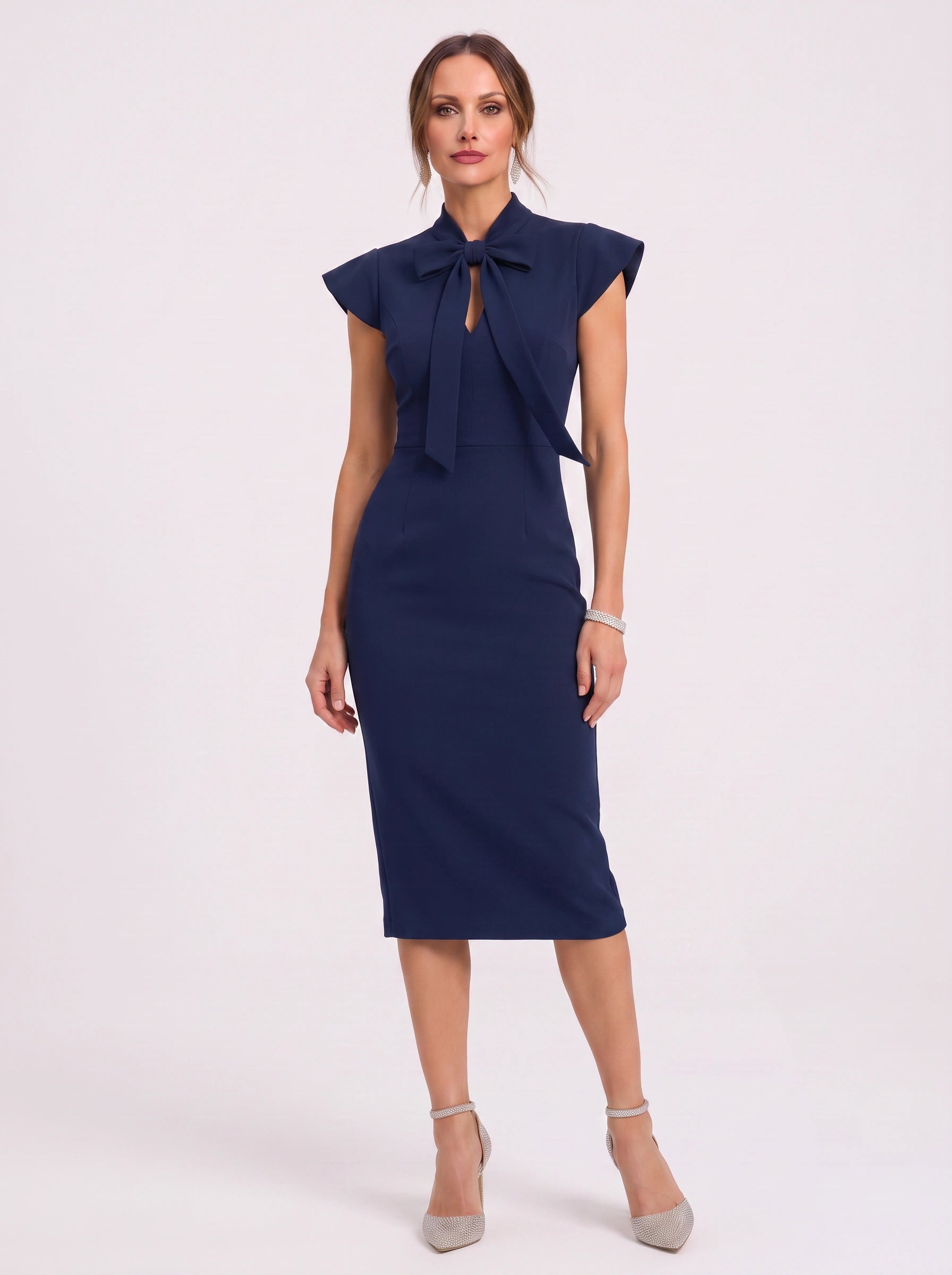Arcella Bow-Tie Midi Dress – Women Formal Office Wedding Guest Cap Sleeve Pencil Midi Dress
