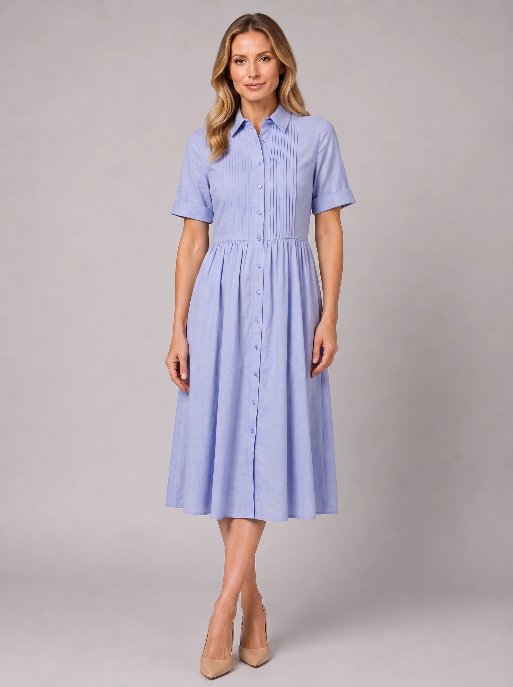 Pletisa Pintuck Shirt Maxi Dress – Women Summer Casual Business Formal Collared Button-Down Maxi Dress