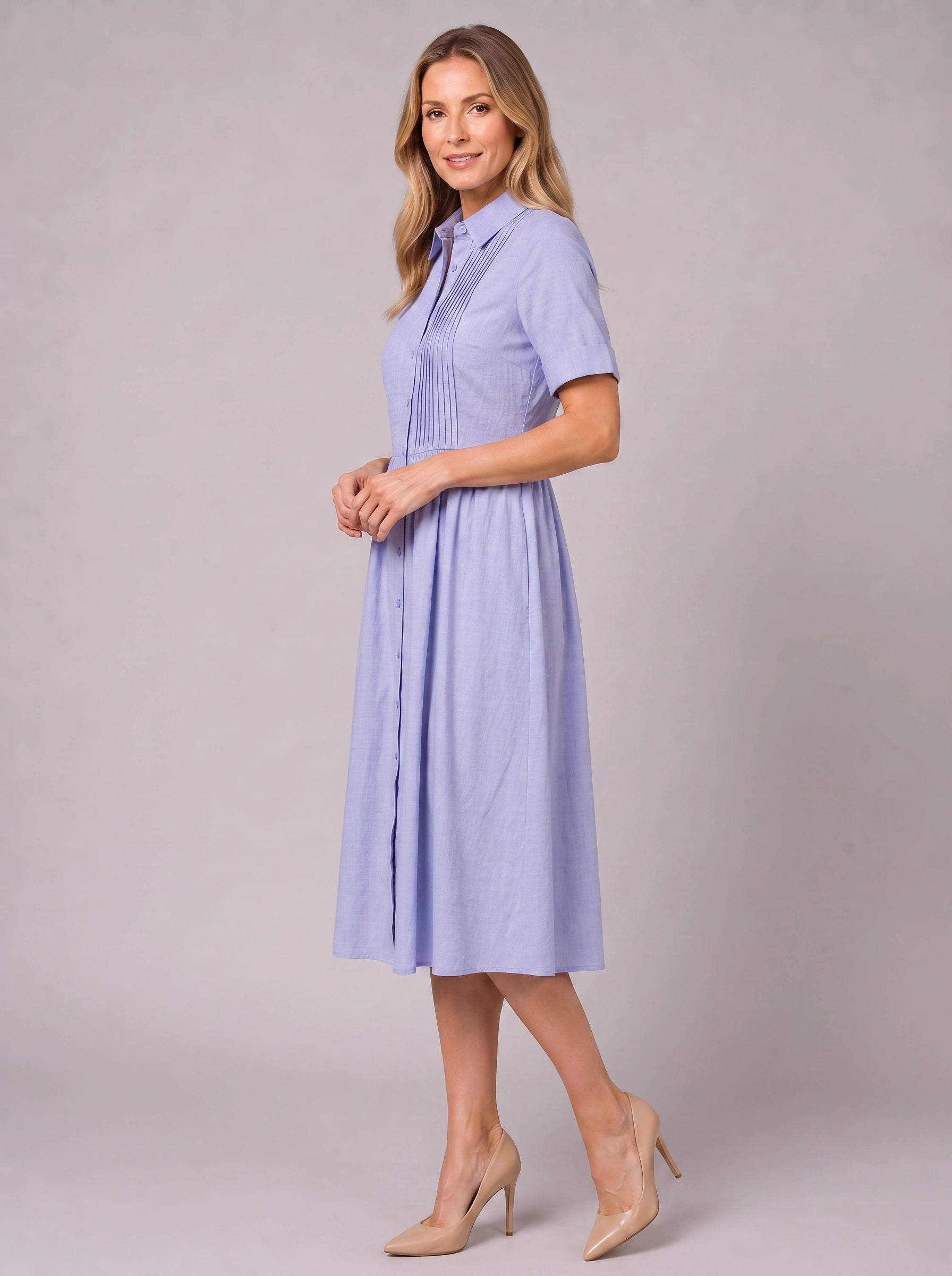 Pletisa Pintuck Shirt Maxi Dress – Women Summer Casual Business Formal Collared Button-Down Maxi Dress