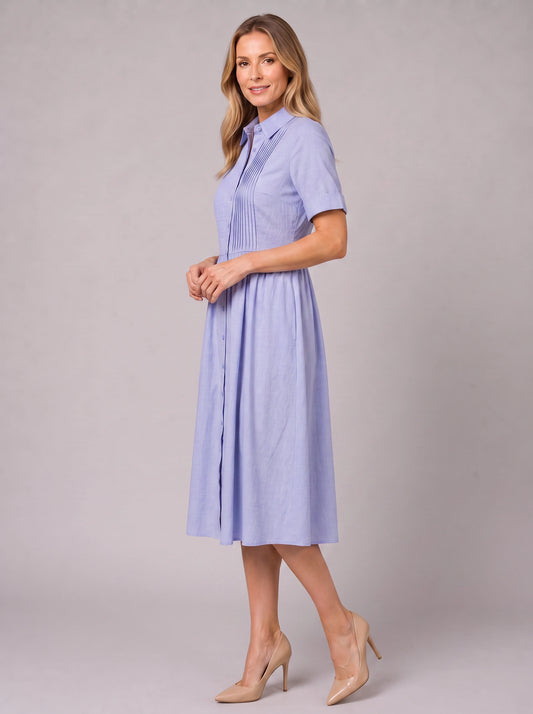 Pletisa Pintuck Shirt Maxi Dress – Women Summer Casual Business Formal Collared Button-Down Maxi Dress