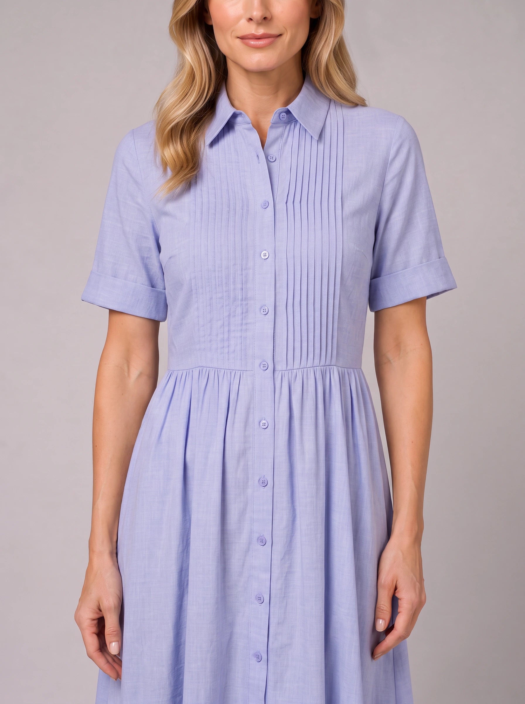 Pletisa Pintuck Shirt Maxi Dress – Women Summer Casual Business Formal Collared Button-Down Maxi Dress